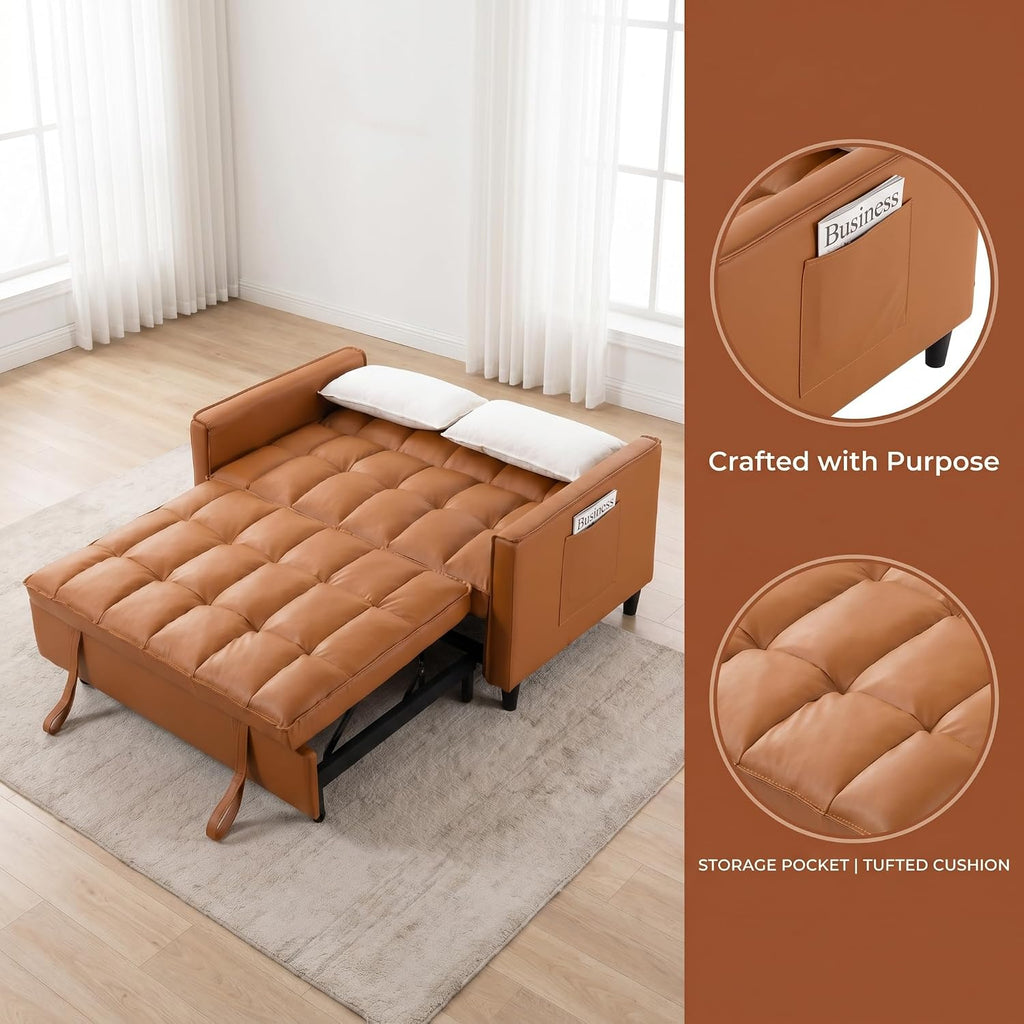 3 in 1 Convertible Sofa Bed, Loveseat Sleeper Sofa with Large Side Pockets, Pull Out Couch with Adjustable Backrest, Easy Assembly, PU Couch Bed for Small Spaces, Apartment, Brown