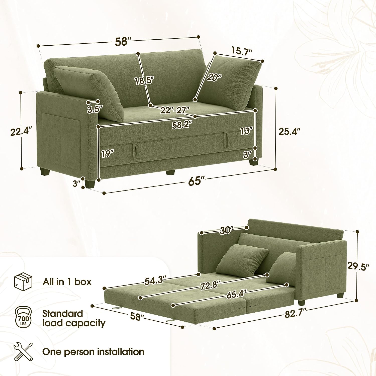 65' Convertible Loveseat Sleeper Sofa Bed, 2 in1 Folding Sofa Bed, Loveseat Sofa for Small Spaces, Fold Out Floor Couch with 2 Pillows for Apartment, Office & Guest Room (Green Chenille, 65 inch)