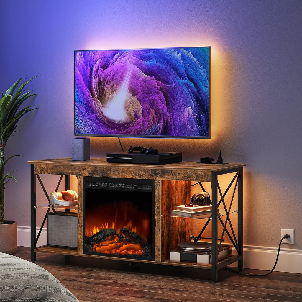 HOOBRO Fireplace TV Stand with Charging Station and LED Lights, TV Stand with Fireplace for TVs up to 55', Entertainment Center with Fireplace, Glass Shelves, Rustic Brown and Black BF120UDDS01