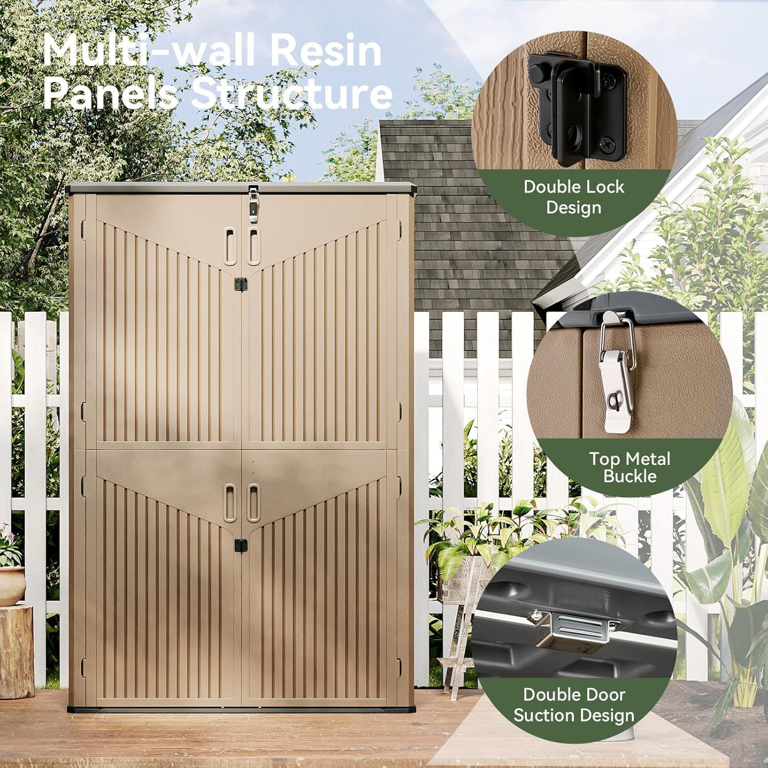 Aoxun Outdoor Storage Shed, 64 Cu.Ft Vertical Storage Sheds Outdoor with Floor, Outdoor Waterproof Storage Cabinet for Garage Storage, Pool Storage (Brown)
