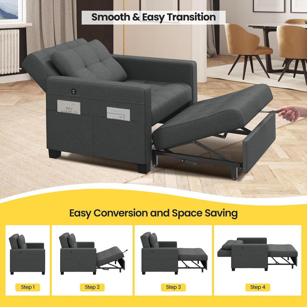 Yaheetech Sleeper Chair Convertible Chair Bed Fabric Futon Sofa Bed 3-in-1 Adjustable Sleeper Couch with 2 USB Ports for Living Room Limited Space Office Apartment, Dark Gray
