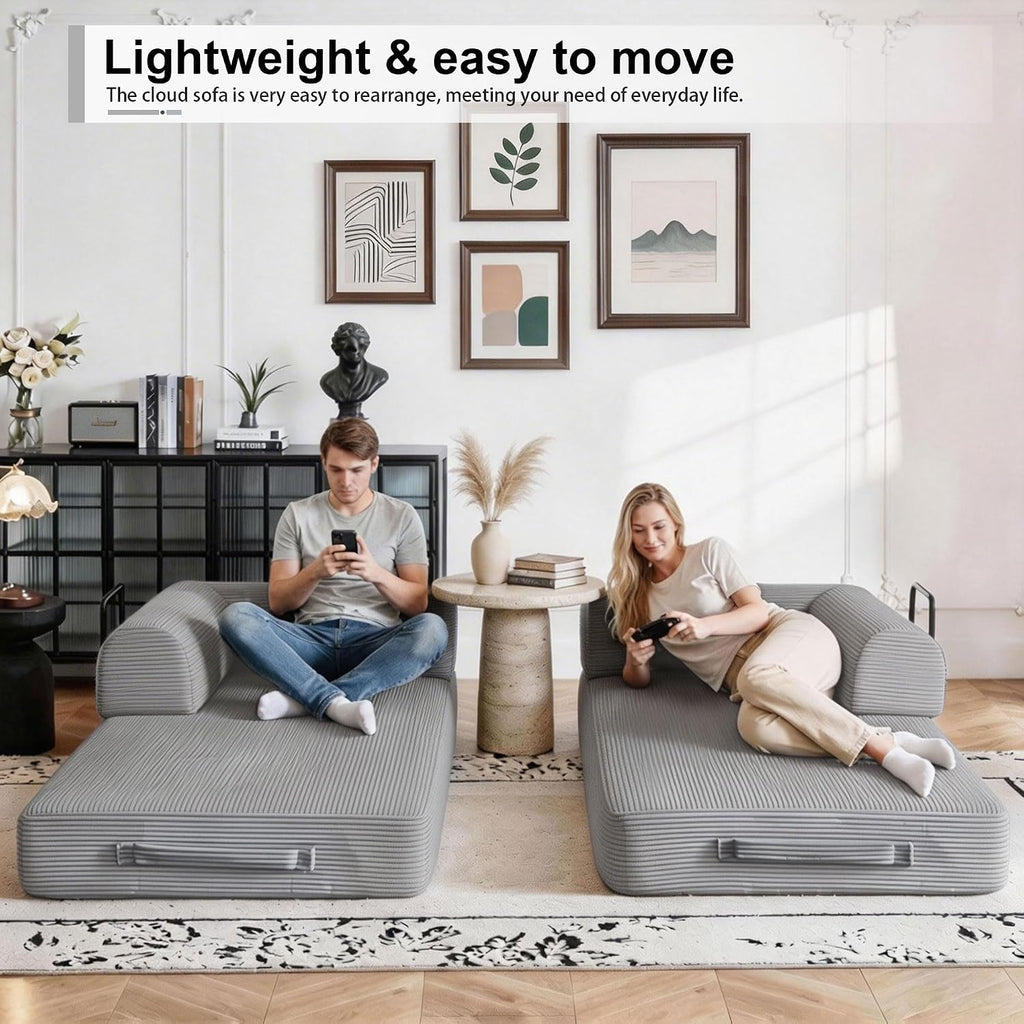 JJJ 89 inch Sofa Bed 4-in-1 Boneless Convertible Corduroy Sleeper Folding Couch with Fixed-Shape Frame and 2 Futons No Assemble Required 3 Seater Upholstered for Living Room (Light Grey, 89 inch)