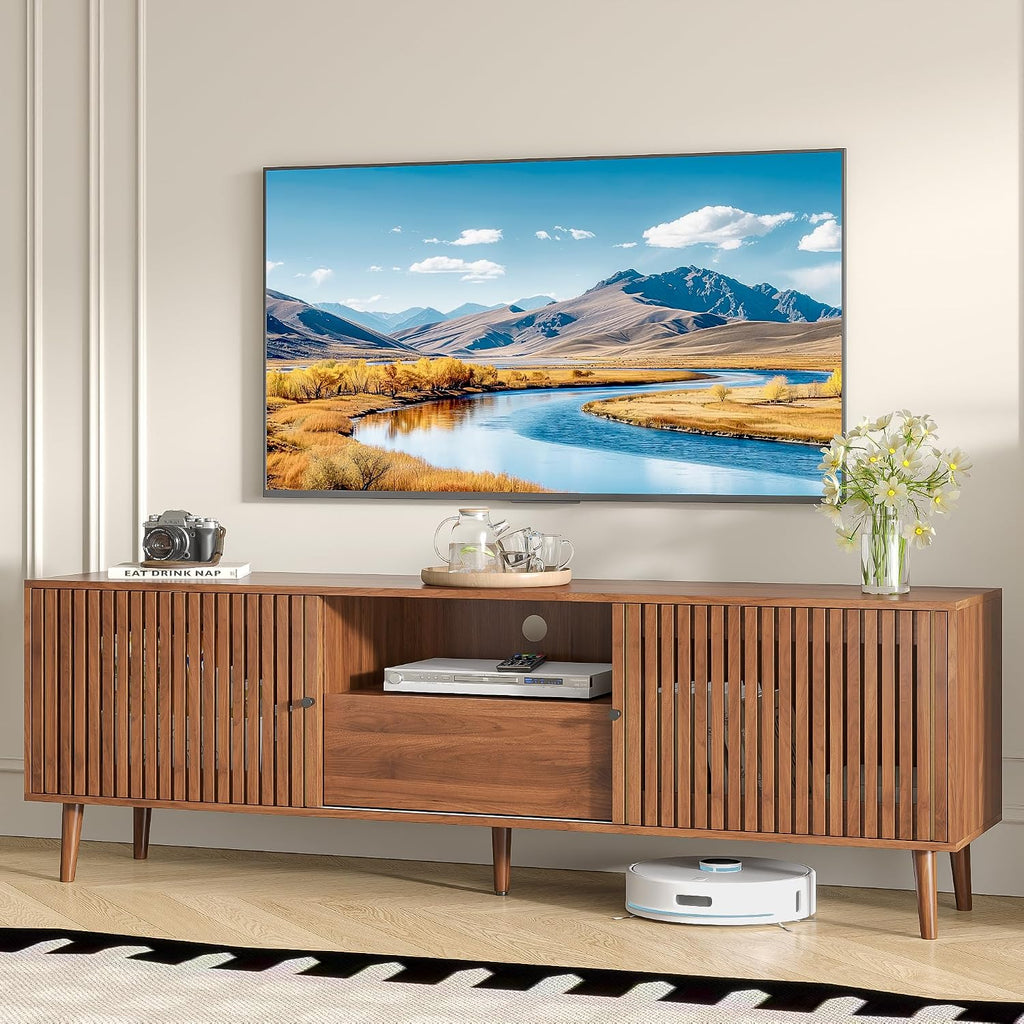 Oubayajia Mid Century Modern TV Stand for Televisions up to 70 Inches, with Sliding Doors and Storage, Television Stands, TV Consoles, Media Consoles for Living Room(Walnut-70inch)