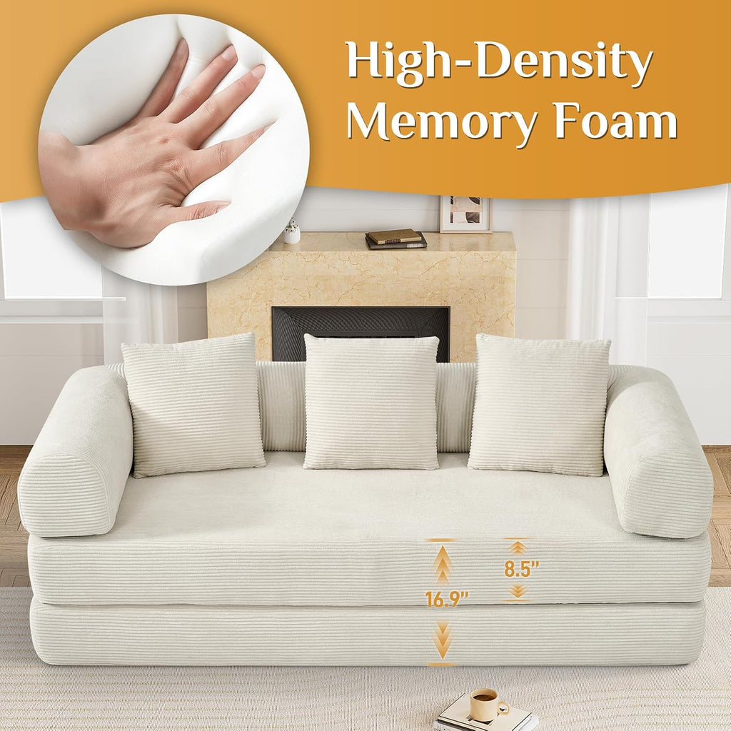 DAMAIFROM Convertible Sleeper Sofa Bed with Cylindrical Pillow,Corduroy Folding Mattress Couch with Fixed-Shape Frame,Modular Floor Sofa Lounge Couch for Living Room Bedroom Lounge,80',Beige White