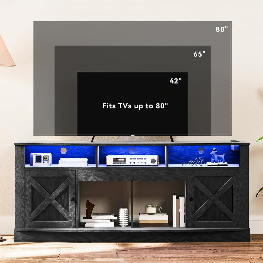 DWVO TV Stand for 75/80 Inch TV, Entertainment Center, LED Light Media Console, TV Cabinet with Barn Doors and Power Outlet for Living Room, Black