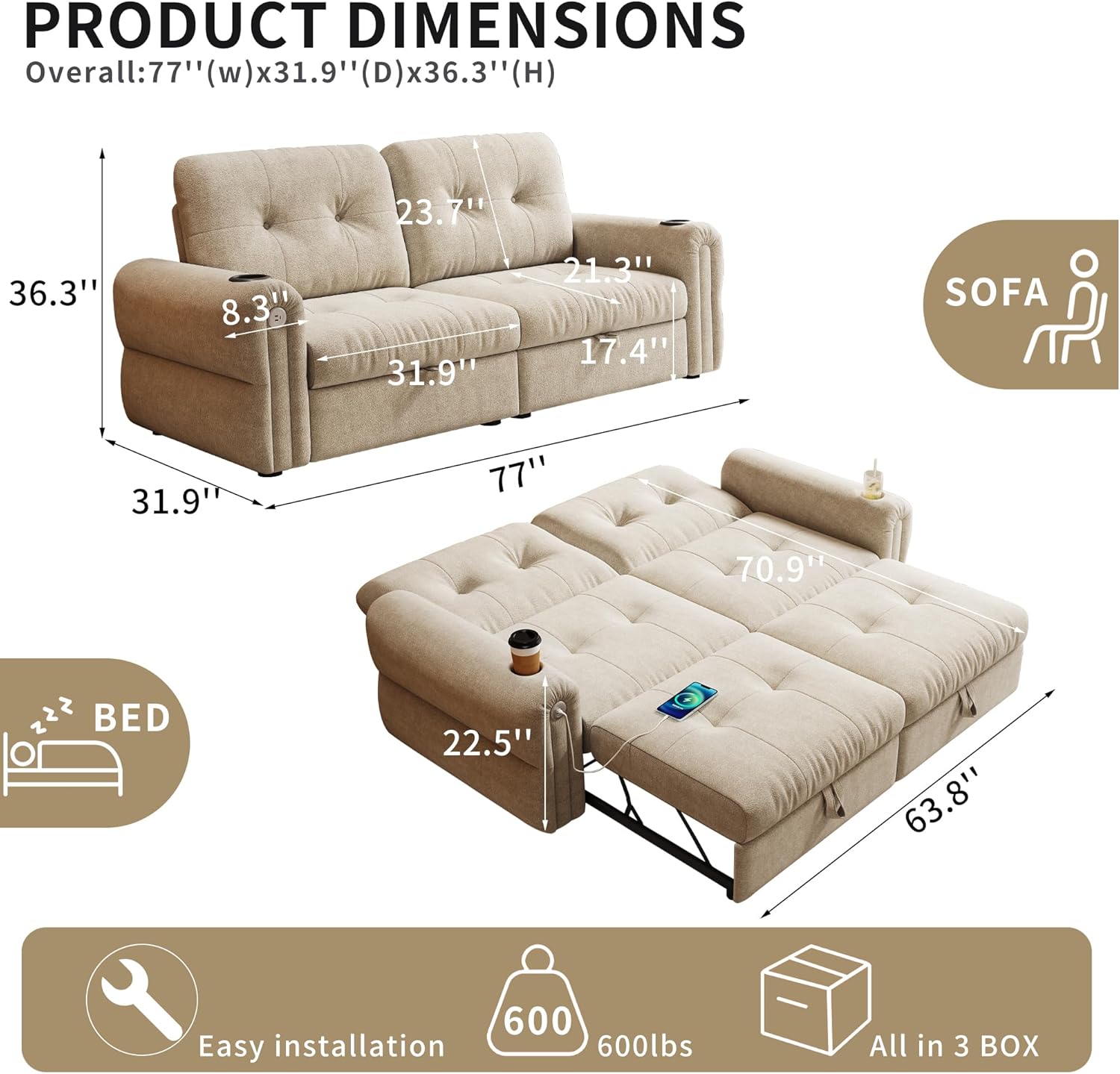 Convertible Couches, Queen Size Pull Out Sofa Bed with USB Charging Port and Cup Holders, Plannelette Fabric Convertible Sofa Bed for Small Space, Living Room, Apartment, Guest Room, Beige