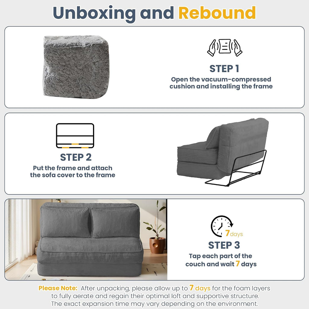 Convertible Folding Sofa Bed with Fixed Frame,Boneless Couch Loveseat Sleeper with 5-Position Adjustable Backrest & Thickened Cushion,Futon Couch with 2 Pillows for Bedroom,Small Spaces