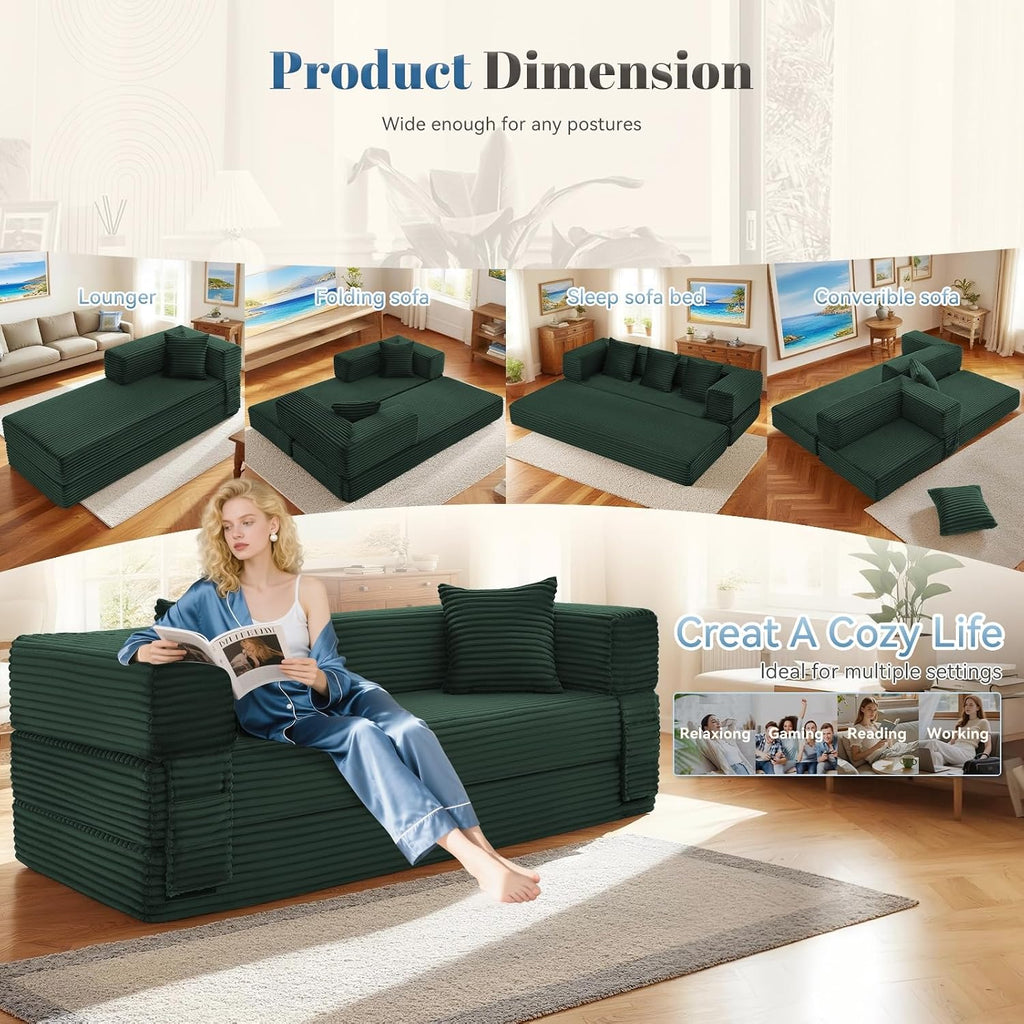 Convertible Sofa Bed,5-in-1FoldIing Couch Bed with Removable Armrests,Modular Futon Sleeper Sofa in Box with Pull Out Beds,Compression Boneless Couch for Living Room,Deep Green