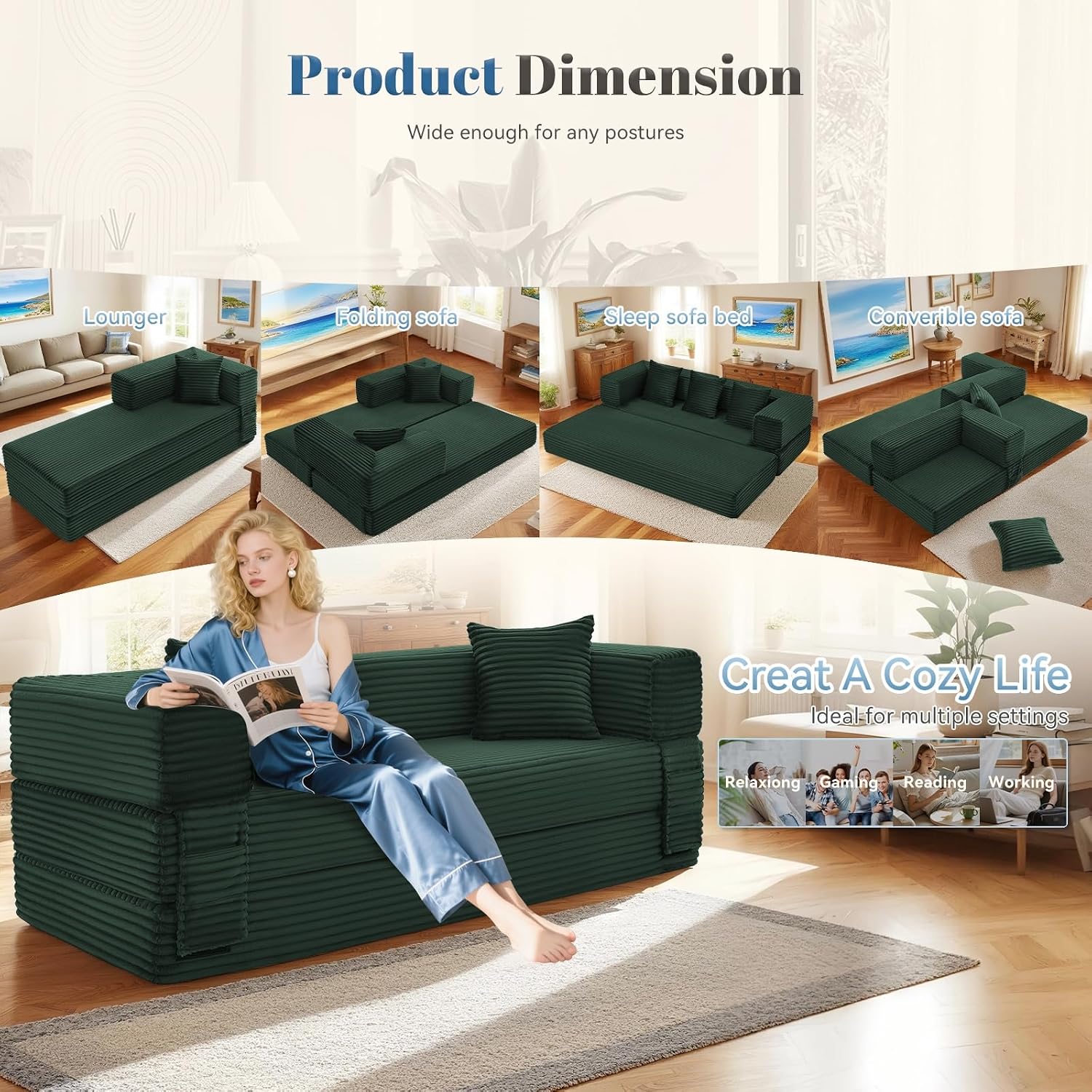 Convertible Sofa Bed,5-in-1FoldIing Couch Bed with Removable Armrests,Modular Futon Sleeper Sofa in Box with Pull Out Beds,Compression Boneless Couch for Living Room,Deep Green
