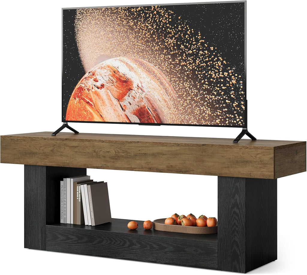 LITTLE TREE 63 Inches Long TV Stand for TVs Up to 70 Inches, Modern Television Stand for Living Room, Entertainment Center with U-Shaped Pedestal & Open Storage Shelf, Media TV Console, Brown & Black