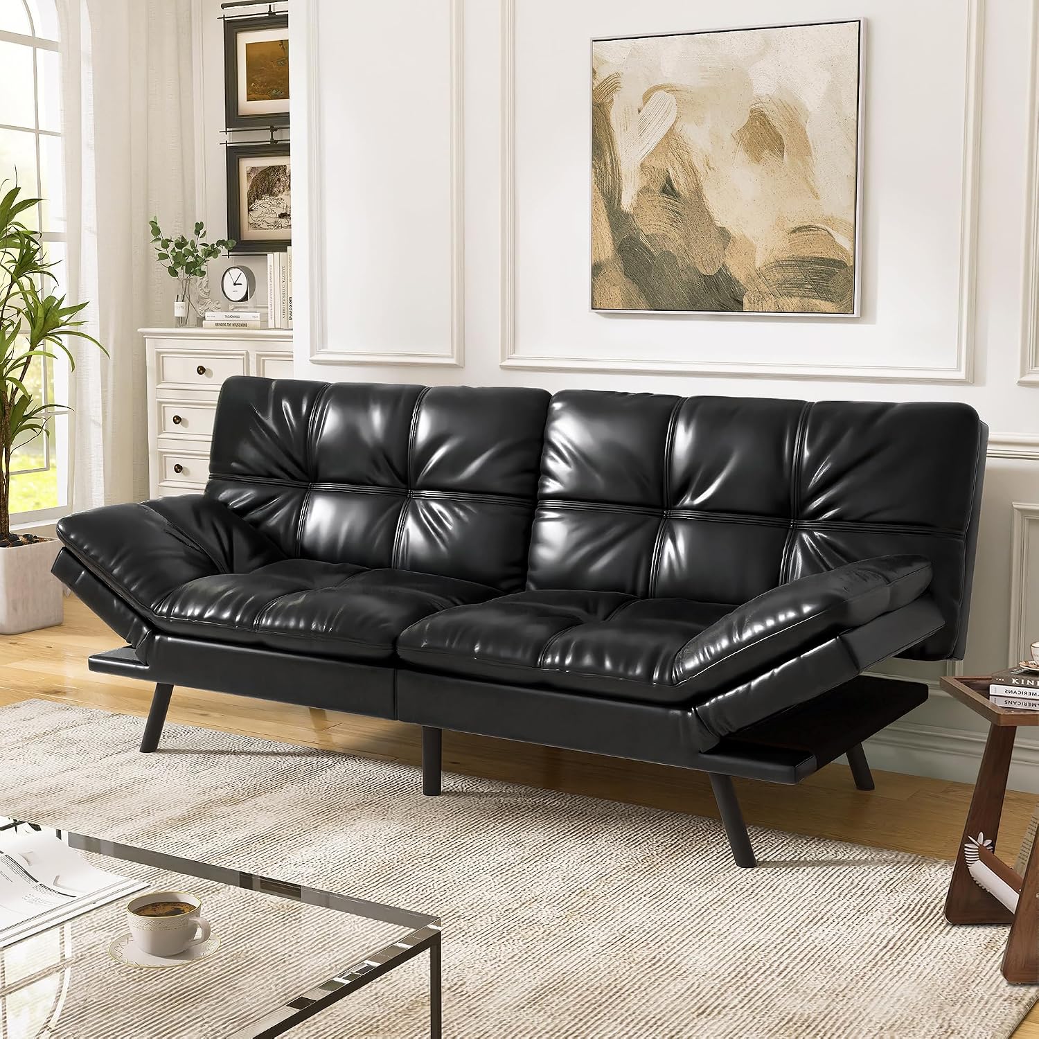 Convertible Faux Leather Futon Sofa Bed,Memory Foam Futon Couch,Small Splitback Modern Folding Loveseat Sleeper Sofa Couches for Living Room,Office,Apartment,Classic Black