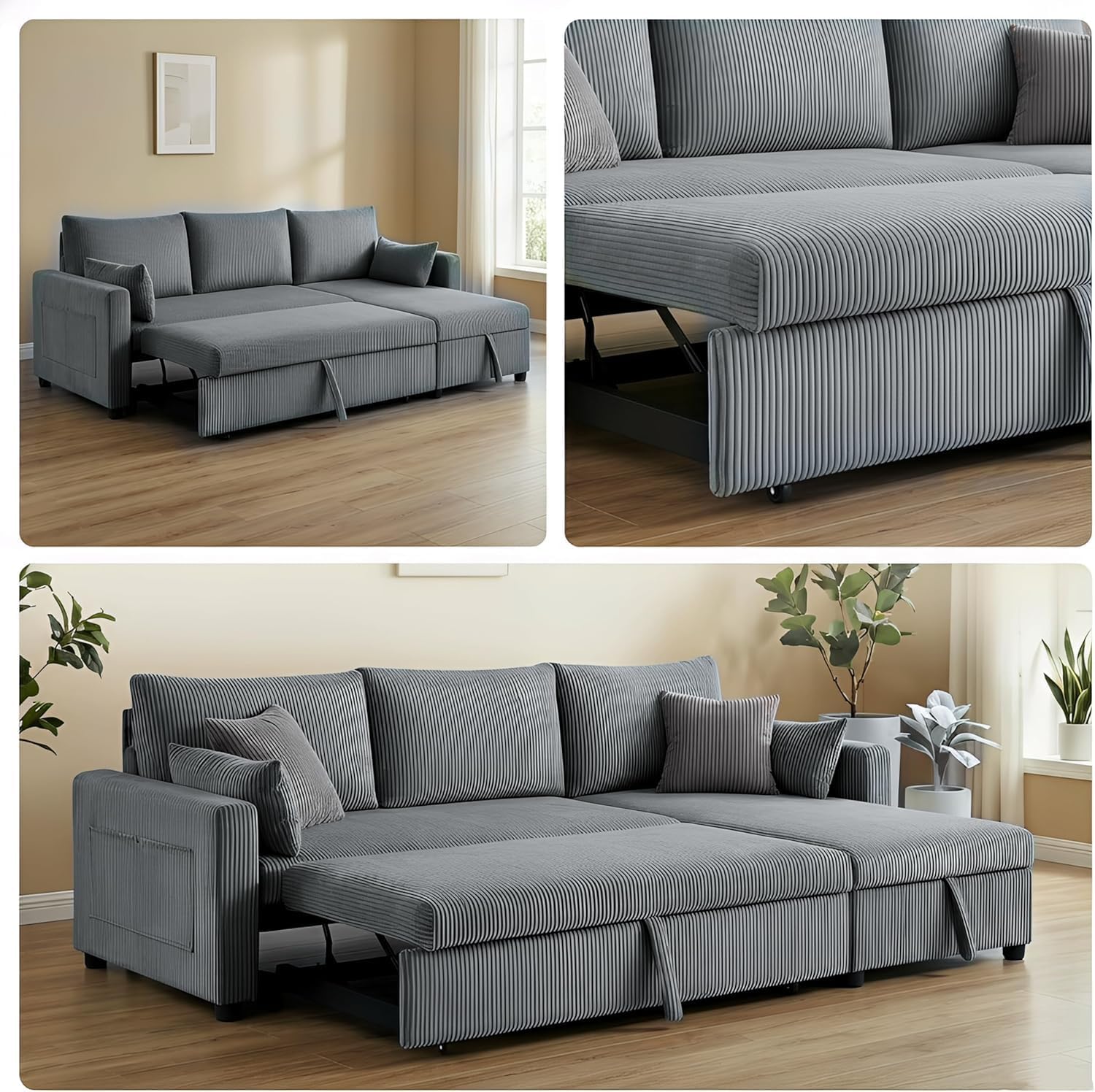 Queen Sleeper Sofa, Convertible Sofa Bed with Storage, 85 Inch Sectional Couch with Pull Out Bed, L Shaped 3 Seat Sectional Sleeper Sofa for Living Room, Apartment, Grey