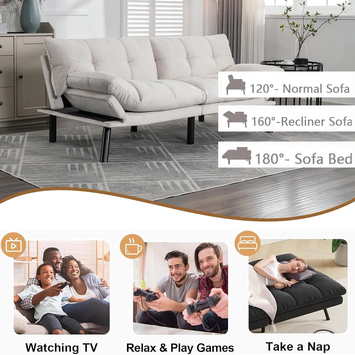 Anwick Velvet Convertible Futon Sofa Bed,71' Modern Comfy Loveseat Sleeper Sofa with Adjustable Backrest Armrest,Folding Futon Sleeper Recliner for Living Room,Office,Apartment (Cream)