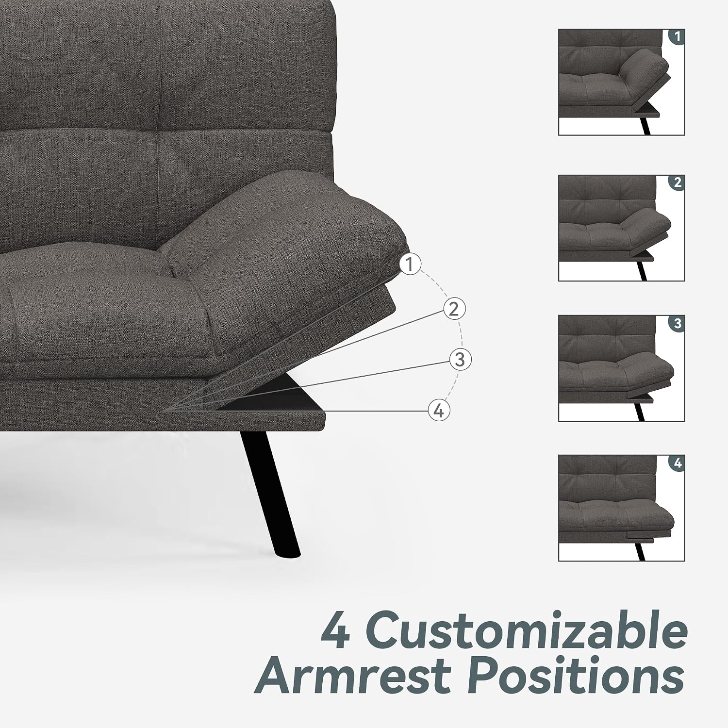 Vyfipt Convertible Futon Sofa Bed, Grey Linen Futon Couch with Adjustable Backrest & Armrests, Folding Small Recliner Sleeper Sofa Bed for Living Room, Apartment, Office