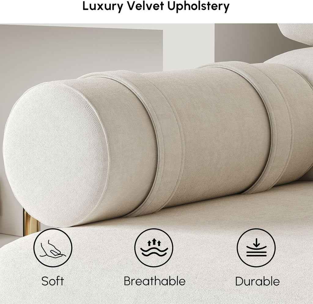 homary Velvet Futon Sofa Bed, 81' Convertible Sleeper Couch with Detachable Bolster Pillows, Stainless Steel Legs, Modern 3-Seater Sofa for Living Room, Apartment & Small Spaces (White)