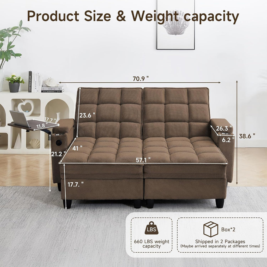 70.9' Chaise Lounge Chair Indoor, Oversized Boucle Upholstered Sofa Bed, Adjustable Backrest Deep Seat Reading Chair, Sofas Couches for Living Room with Storage, Cup Holders and 360° Swivel Side Table