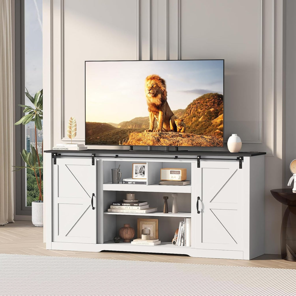 GarveeLife 70 in Farmhouse TV Stand with Power Outlets for Televisions Up to 80 in TVs, Sliding Barn Door & Large Storage Cabinets with Adjustable Shelf, 32 in Tall TV Media Console, White
