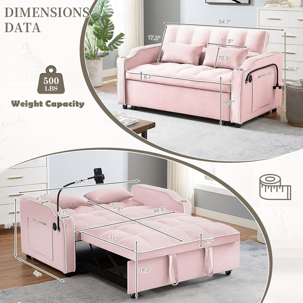 JEEOEHY 3 in 1 Convertible Sleeper Sofa Bed,Velvet Pull Out Couch Bed w USB&Type C Port,Comfy Futon Loveseat w Adjustable Backrest&Phone Stand&Cup Holder for Living Room Apartment Small Space(Pink)