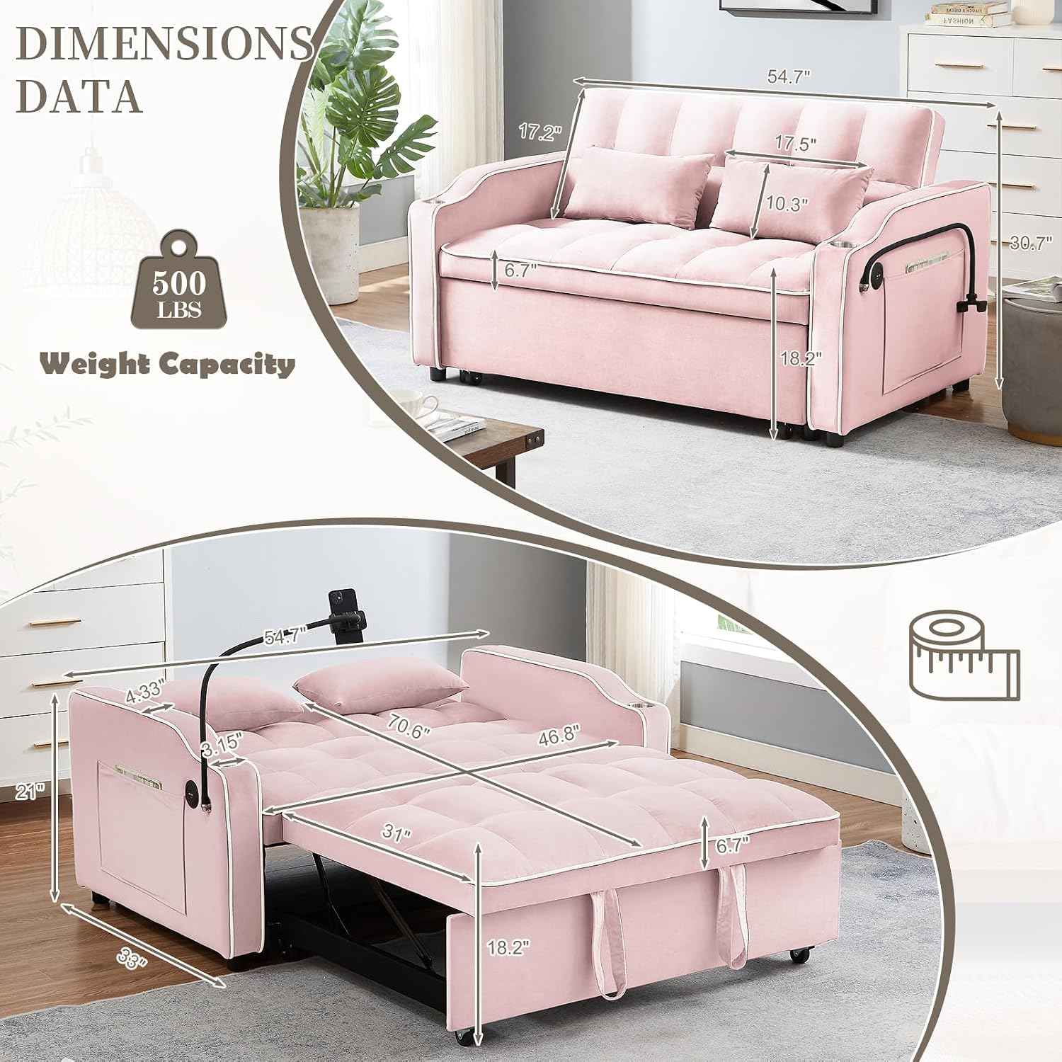 JEEOEHY 3 in 1 Convertible Sleeper Sofa Bed,Velvet Pull Out Couch Bed w USB&Type C Port,Comfy Futon Loveseat w Adjustable Backrest&Phone Stand&Cup Holder for Living Room Apartment Small Space(Pink)