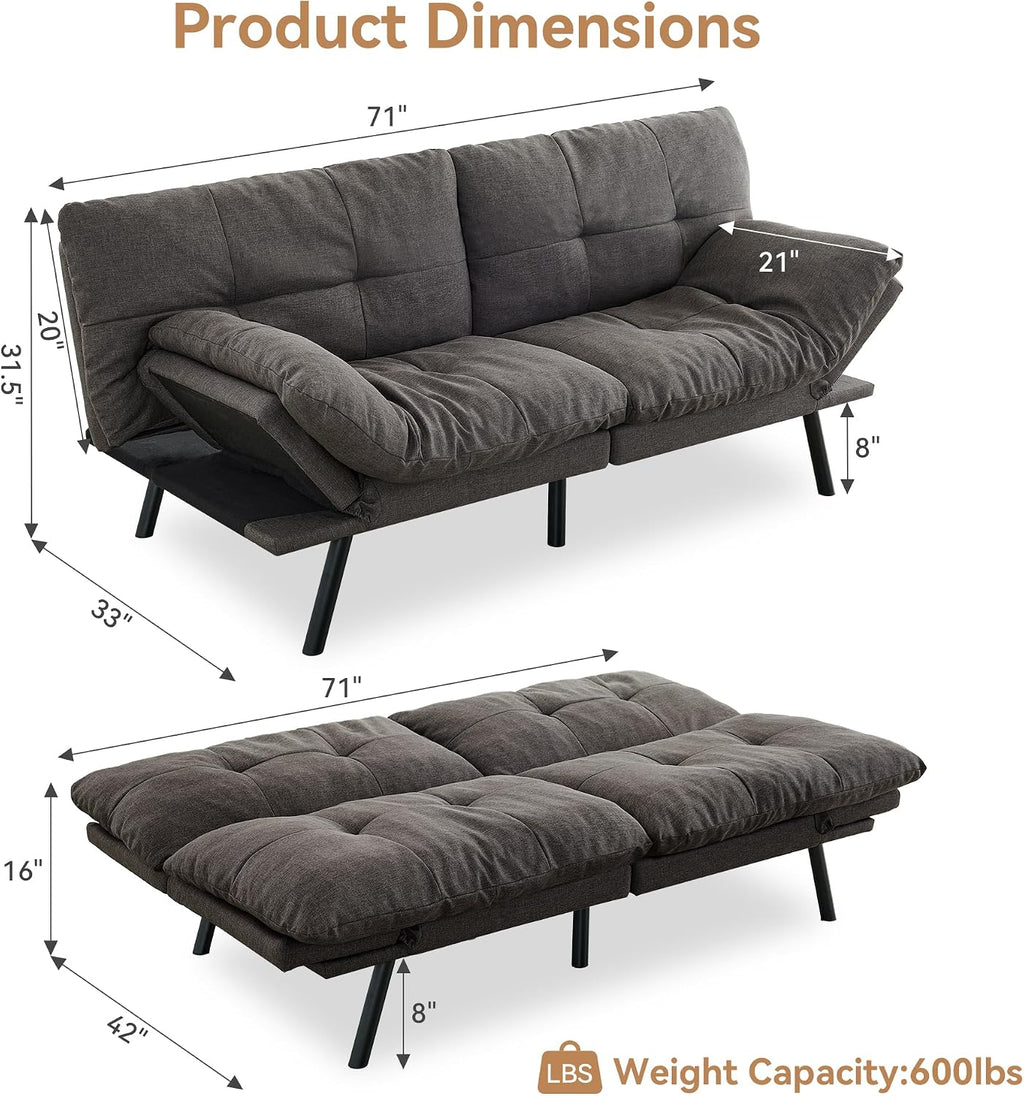 Convertible Futon Sofa Bed,71' Modern Fabric Futon Couch with Adjustable Backrest&Armrest,Small Loveseat Sleeper Sofa,Dorm Futonsofa for Apartment,Living Room,Detachable Cushions,Flint Grey