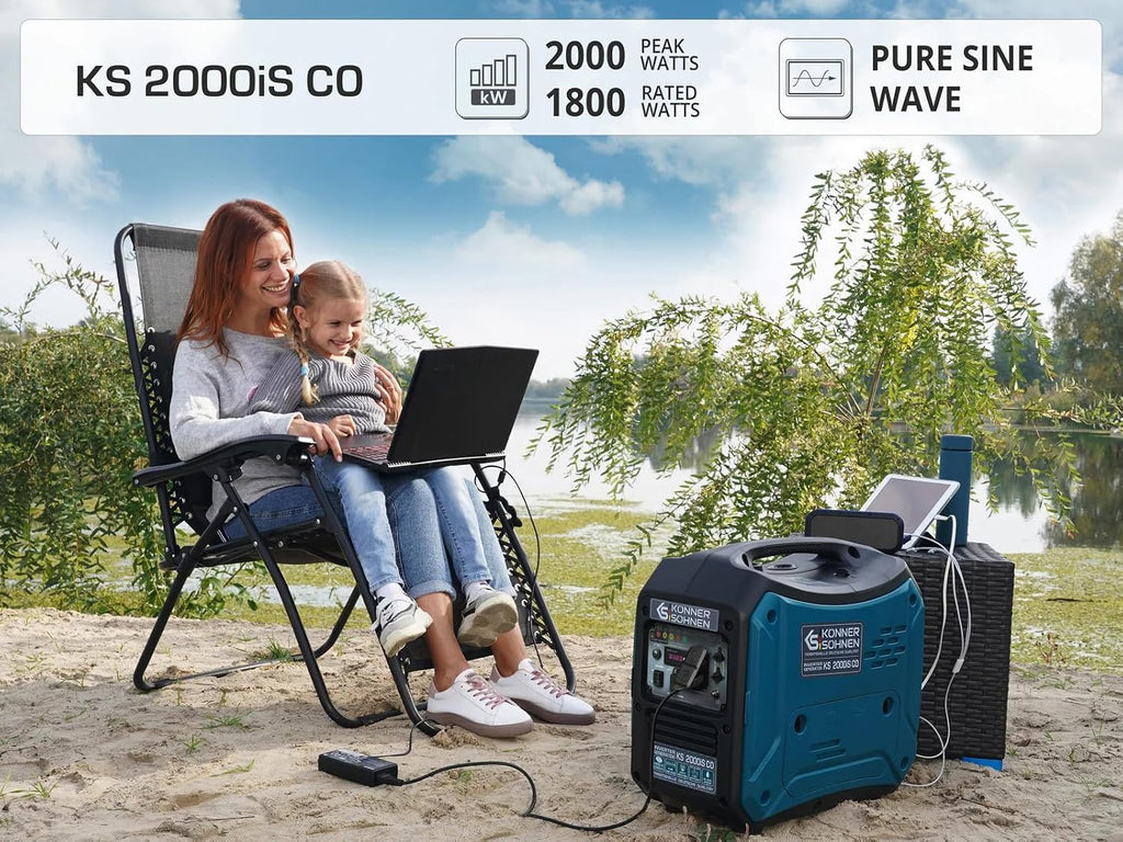 Konner&Sohnen Gas Inverter Generator - 2000 Watt, Lightweight and Portable, Super Quiet with CO Sensor, for Backup Home Use, Camping, RV | Parallel connection (German brand, model: KS 2000iS CO)