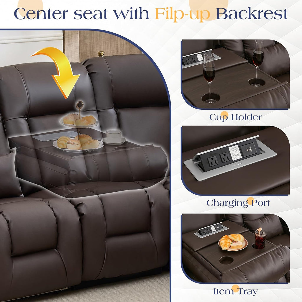 TUNYI Power Loveseat Recliner Sofa with Massage & Heat Home Theater Seating with Console RV Recliner Loveseat Sofa with USB/Storage/Side Pocket/LED Light/Speaker (Light Brown, 4 Seat with Corner)