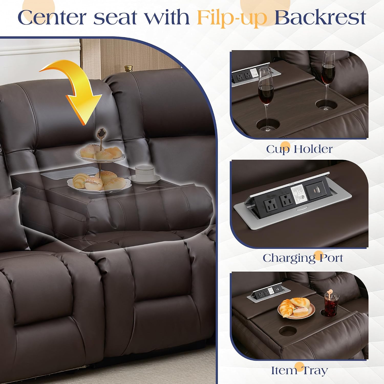 TUNYI Power Loveseat Recliner Sofa with Massage & Heat Home Theater Seating with Console RV Recliner Loveseat Sofa with USB/Storage/Side Pocket/LED Light/Speaker (Light Brown, 4 Seat with Corner)