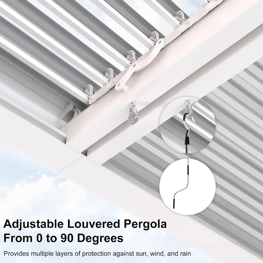 PURPLE LEAF Louvered Pergola 10' x 16' White Outdoor Aluminum Pergola Adjustable Gazebo Rainproof for Patio Deck Garden, 1 Long Side