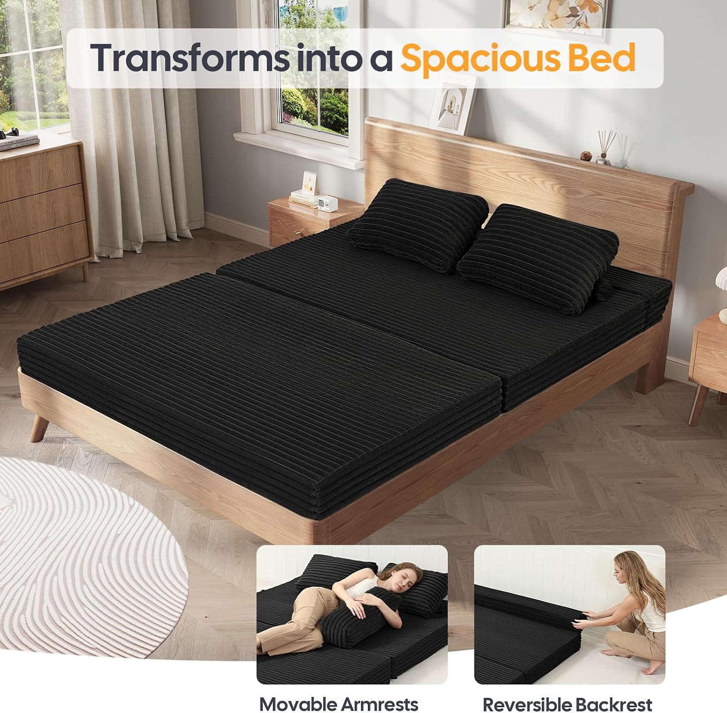 MeMoreCool Convertible Sofa Bed Black, Folding Floor Couch Bed Queen, Pull Out Sleeper Couch with Pillows, Corduroy Fold Out Futon Sofa for Bedroom Living Room Small Space