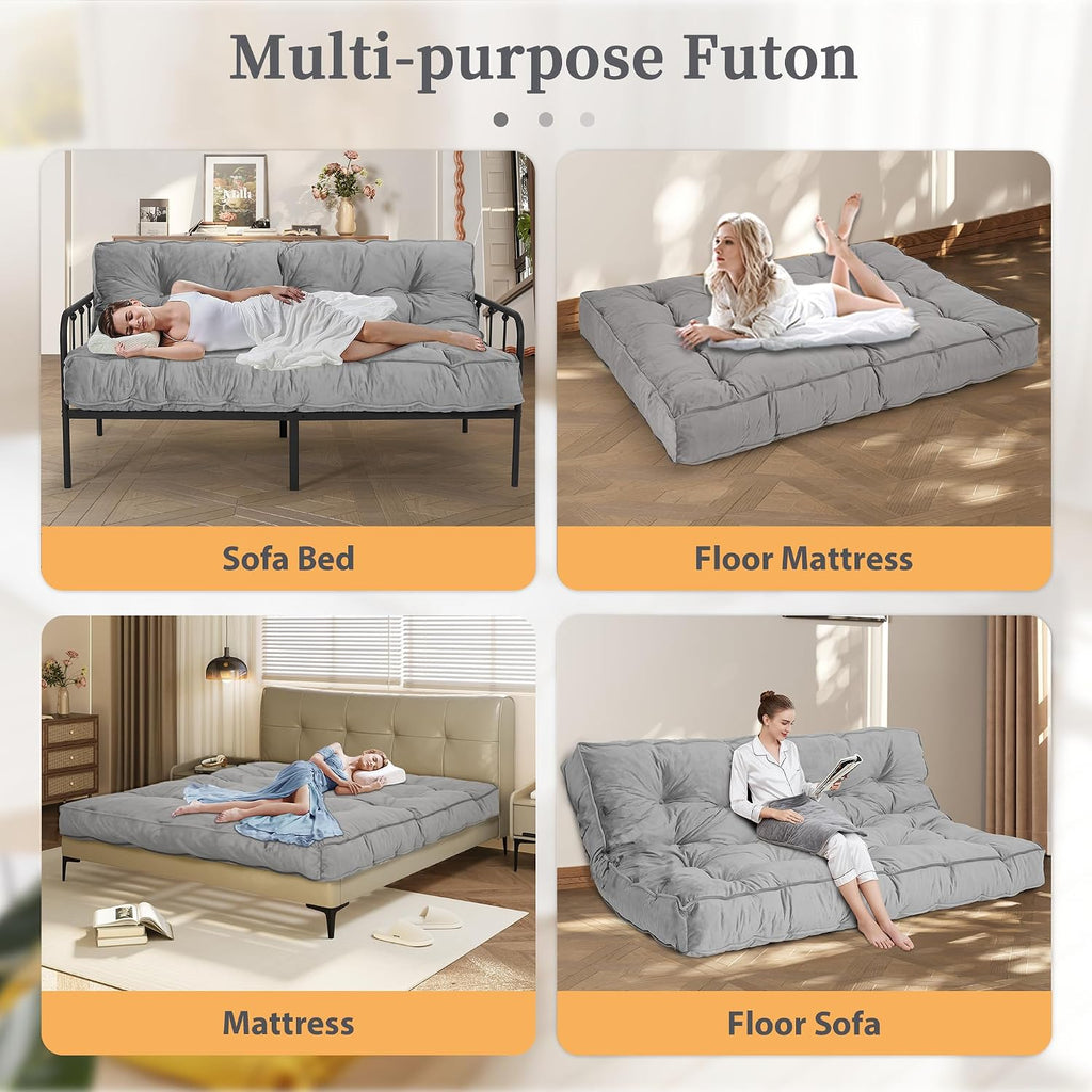 8' Full Size Futon Mattress Sofa Bed, Extra Thick Foldable Floor Mattress, Shredded Foam Filling for Adults/Teens/Pets with No Assembly Needed, Frame Not Included - Grey