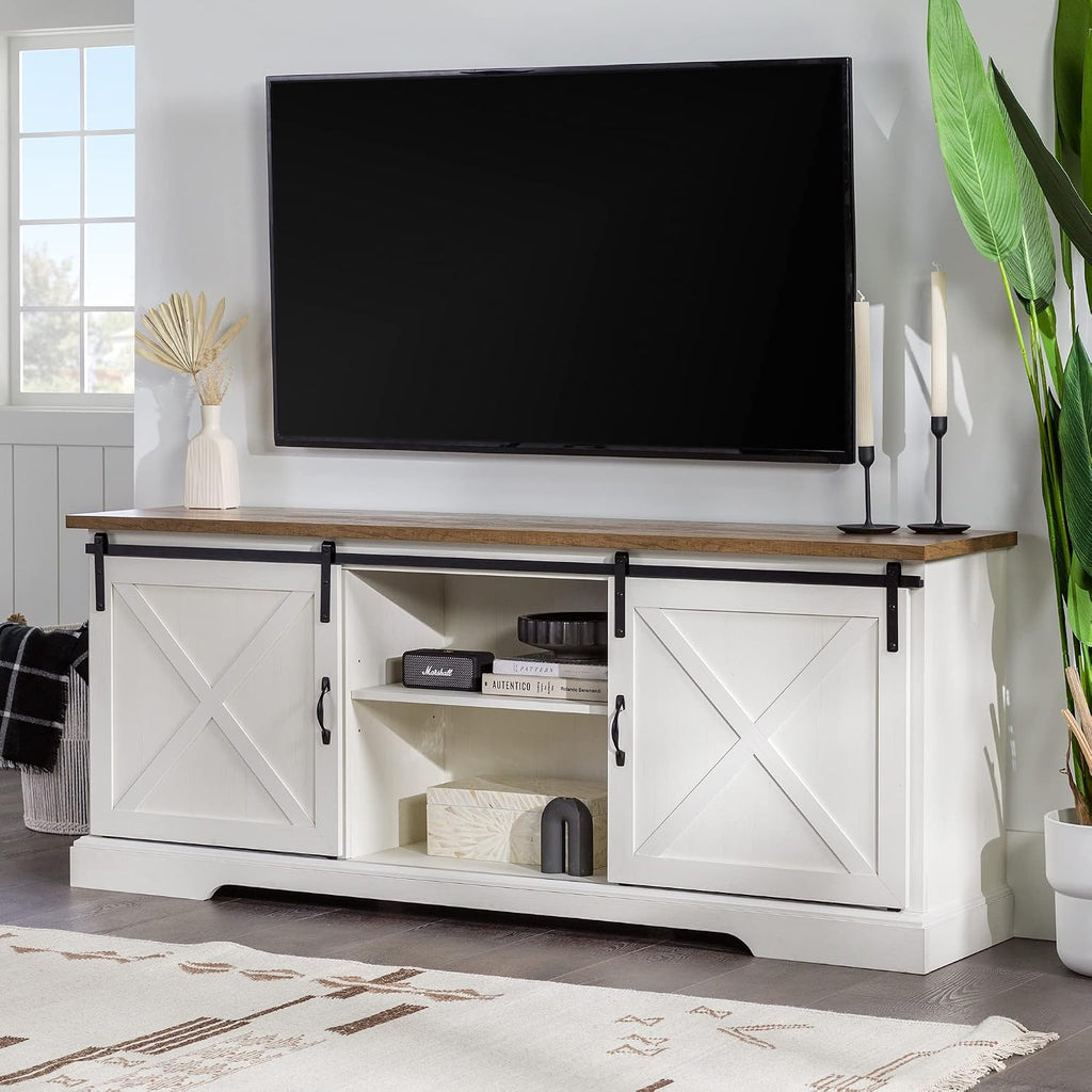 Walker Edison Corbin Modern Farmhouse Sliding X Barn Door TV Stand for TVs up to 80 Inches, 70 Inch, Reclaimed Barnwood and Brushed White