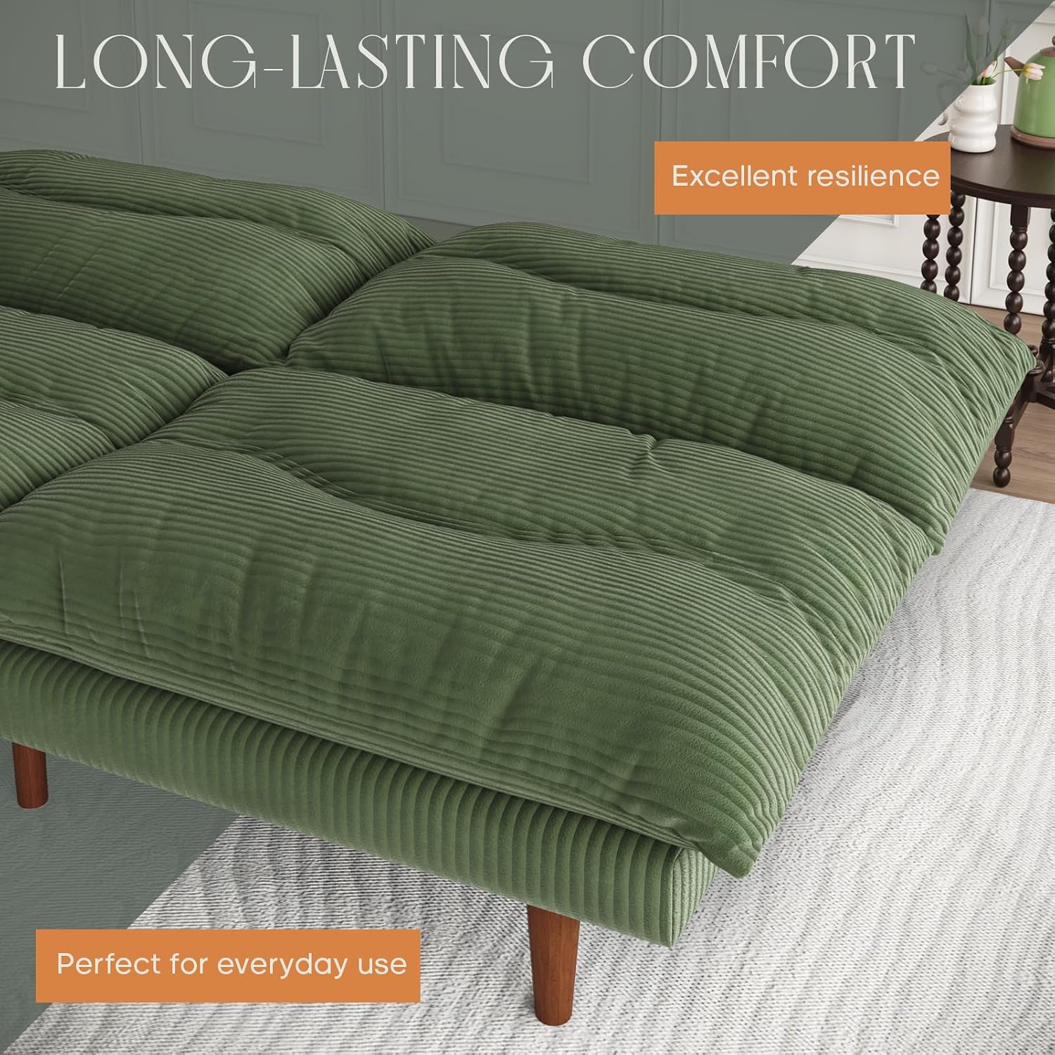 LLappuil Futon Sofa Bed, 69 inch Futon Couch with Adjustable Backrest, Corduroy Convertible Sleeper Sofa Bed, Folding Sleeper Recliner, Loveseat for Apartment, Living Room, Office (Green)