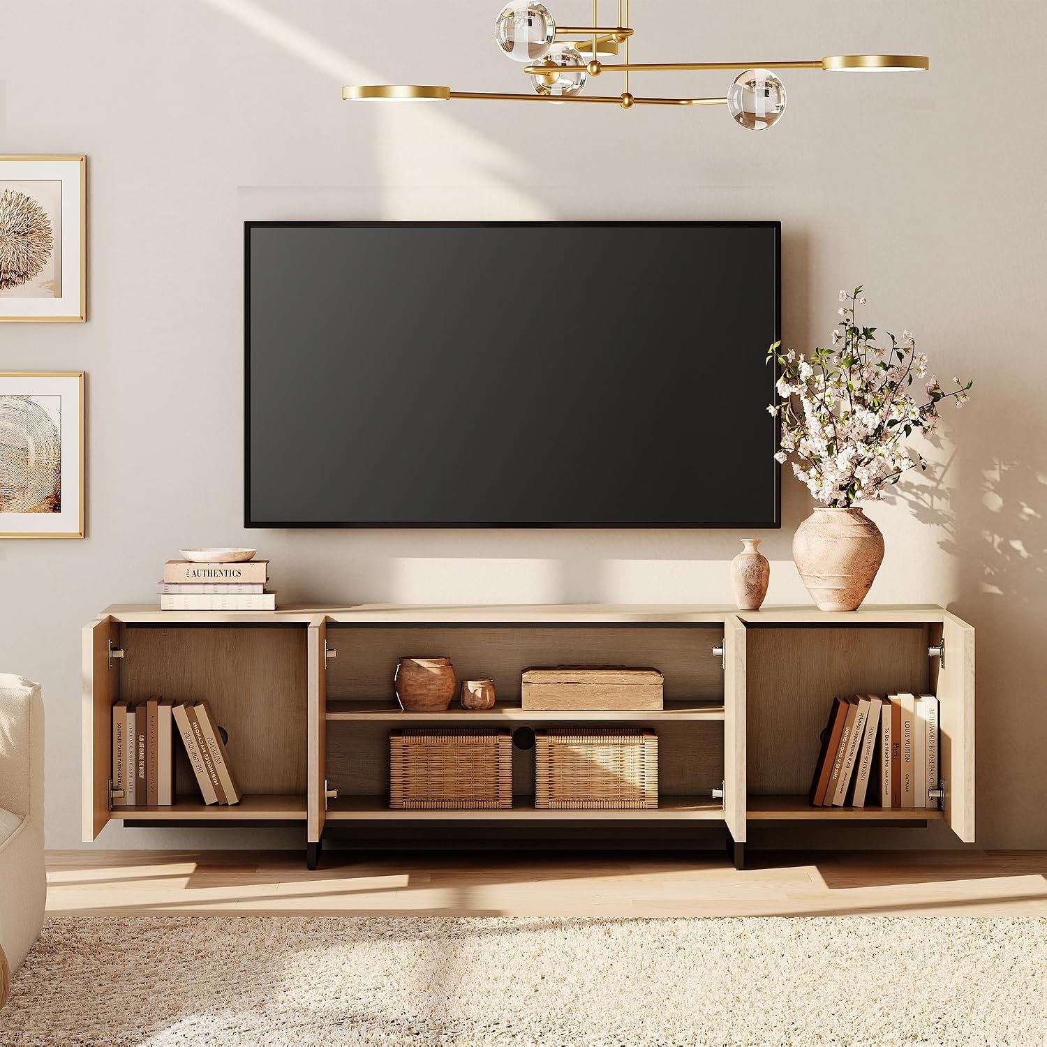 WAMPAT Modern TV Stand for 32-110 inch TVs, Wood Entertainment Center with Storage Cabinets, Media TV Console Table for Living Room, Light Oak