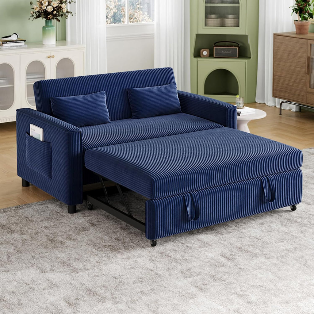 55.51' Sleeper Sofa Bed,Pull Out Couch with Side Pockets,3 in 1 Corduroy Fabric Loveseat Sleeper Sofa ,Pull Out Sofa Bed with Adjustable Backrest for Living Room, Bedroom, Apartment,（Navy Blue）