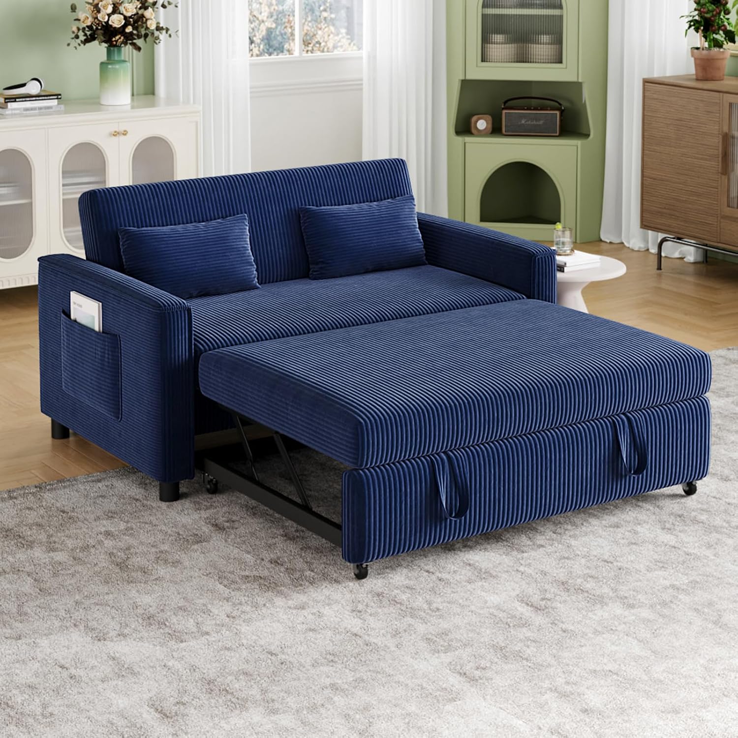 55.51' Sleeper Sofa Bed,Pull Out Couch with Side Pockets,3 in 1 Corduroy Fabric Loveseat Sleeper Sofa ,Pull Out Sofa Bed with Adjustable Backrest for Living Room, Bedroom, Apartment,（Navy Blue）