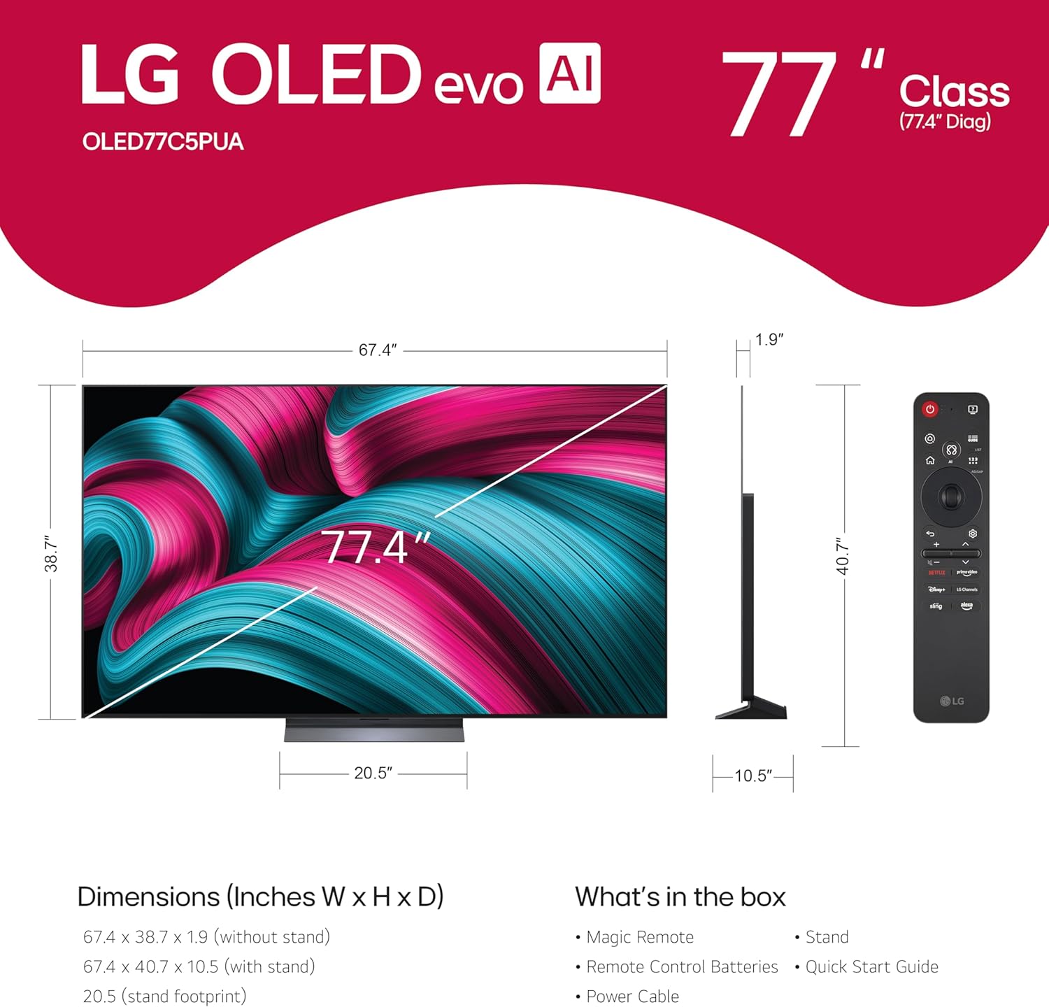 LG 77-Inch Class OLED evo AI Super Upscaling 4K C5 Series Smart TV w/Dolby Atmos & Vision, HDR10, Filmmaker Mode, Wow Orchestra, Alexa Built-in (OLED77C5PUA, 2025)