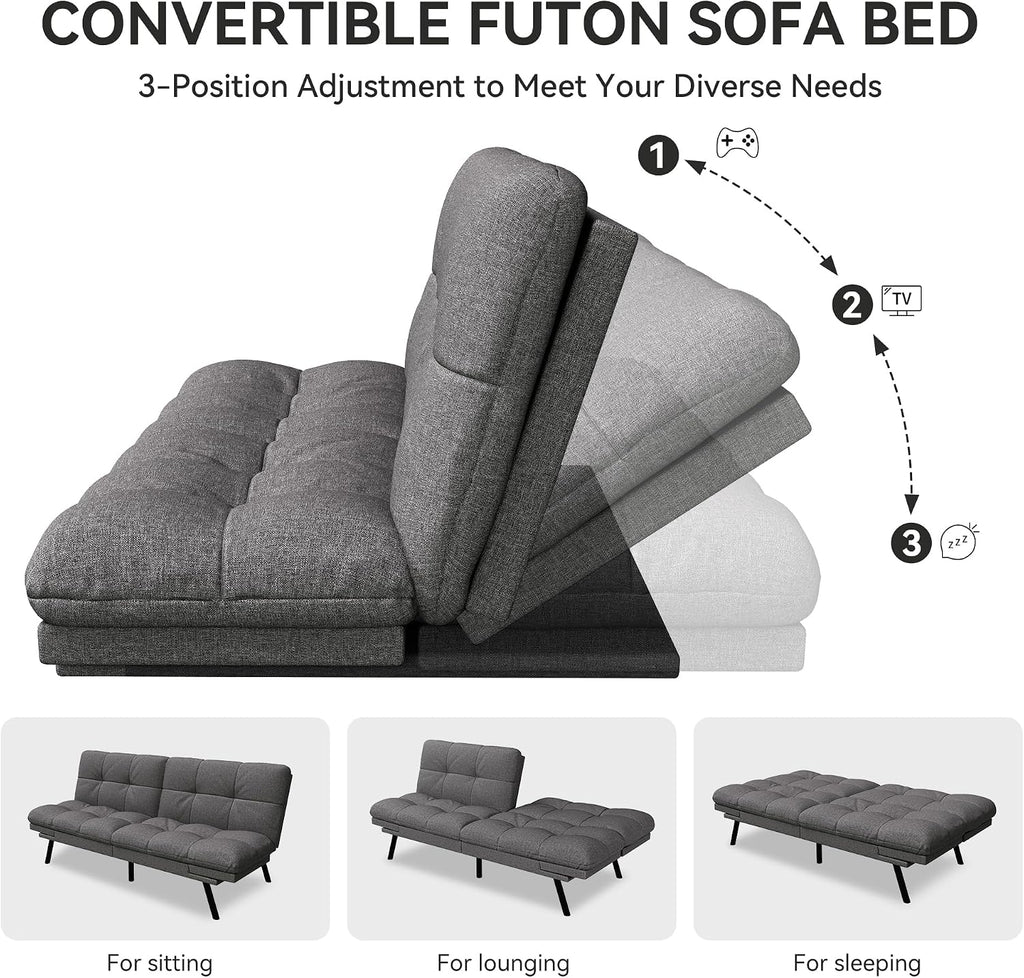 Vipbear 71' Convertible Futon Sofa Bed,Linen Fabric Futon Couch with Detachable Cushion,Adjustable Backrest & Armrest,Modern Loveseat Sleeper Recliner for Living Room,Office,Apartment,Grey