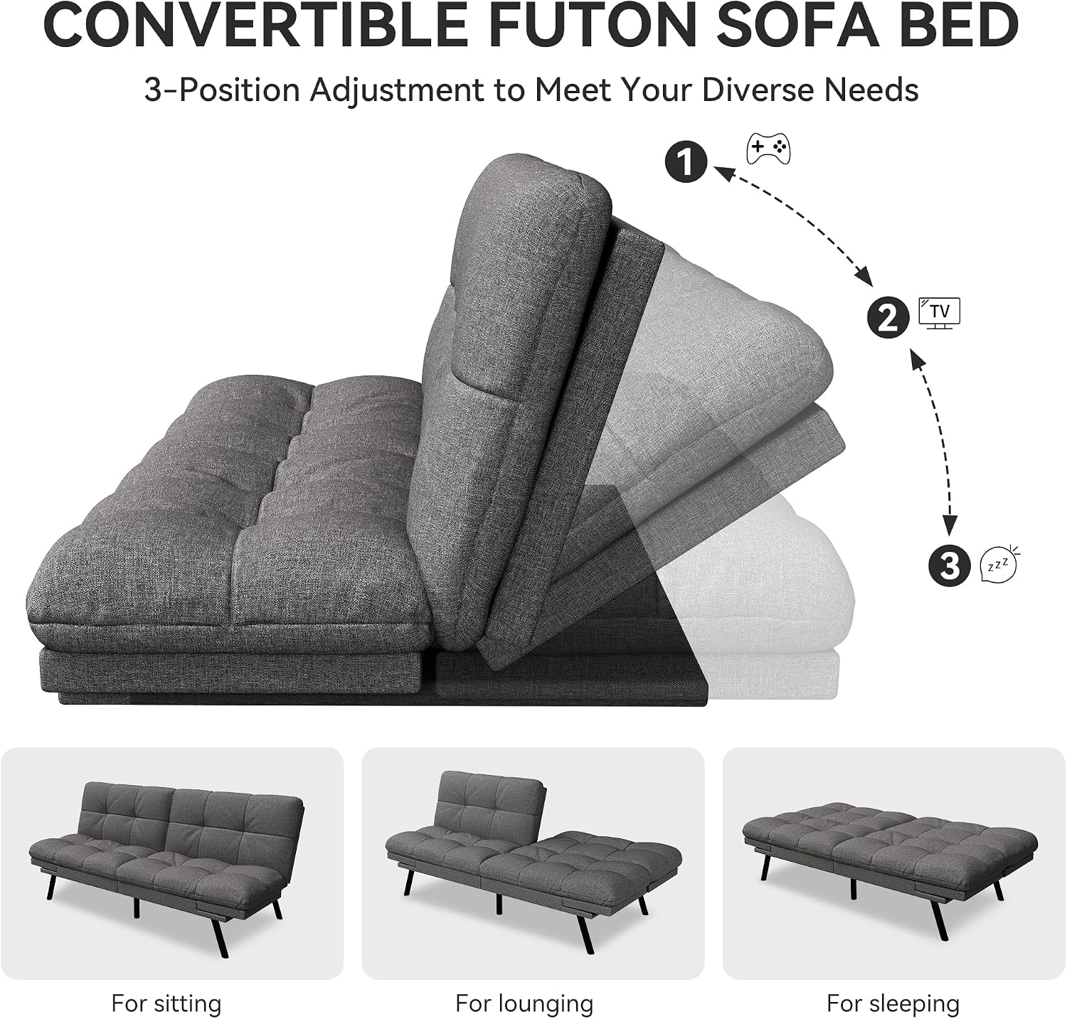 Vipbear 71' Convertible Futon Sofa Bed,Linen Fabric Futon Couch with Detachable Cushion,Adjustable Backrest & Armrest,Modern Loveseat Sleeper Recliner for Living Room,Office,Apartment,Grey