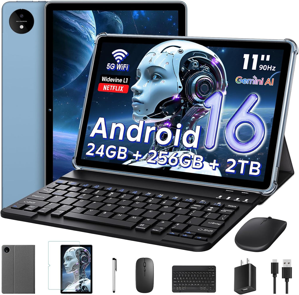 11 Inch Tablet Android 16 with Keyboard, 24GB RAM + 256GB ROM (2TB Expand), T7250 Octa-Core, 1920x1200 IPS FHD Display, 16MP+8MP Dual Camera, Gemini AI, GPS, 2.4G/5G WiFi, 8000mAh, Widevine L1