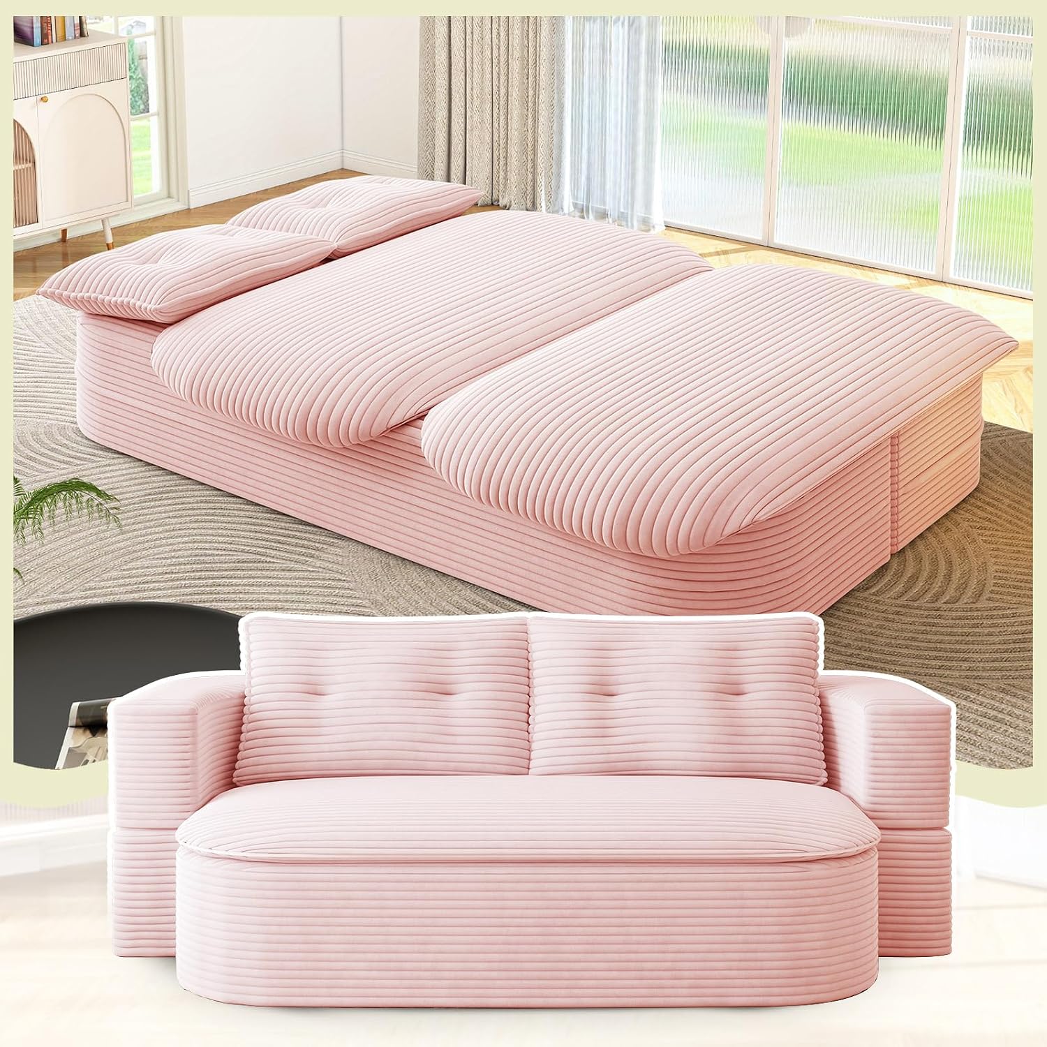 Convertible Sleeper Sofa, Modern 78-inch Folding Futon Corduroy Floor Foam Compression Loveseat Sofa Bed Couch, Foldable Full Size Guest Bed with 2 Pillows for Living Room Bedroom Apartment, Pink