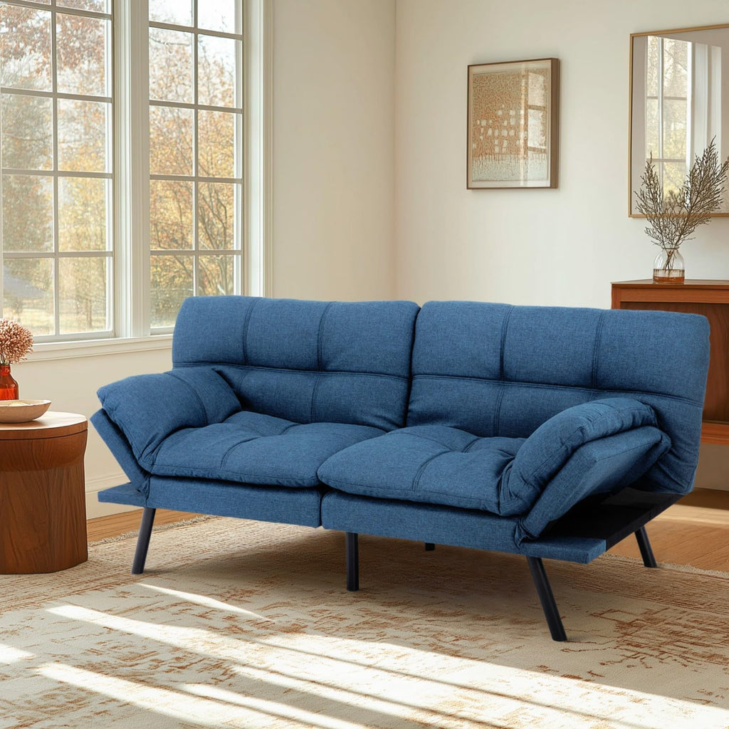 MUUEGM Futon Sofa Bed 71' Convertible Memory Foam Royal Blue Futon Couch Bed Modern Loveseat Sleeper with Adjustable Backrests Armrests for Living Room,Small Space,Office