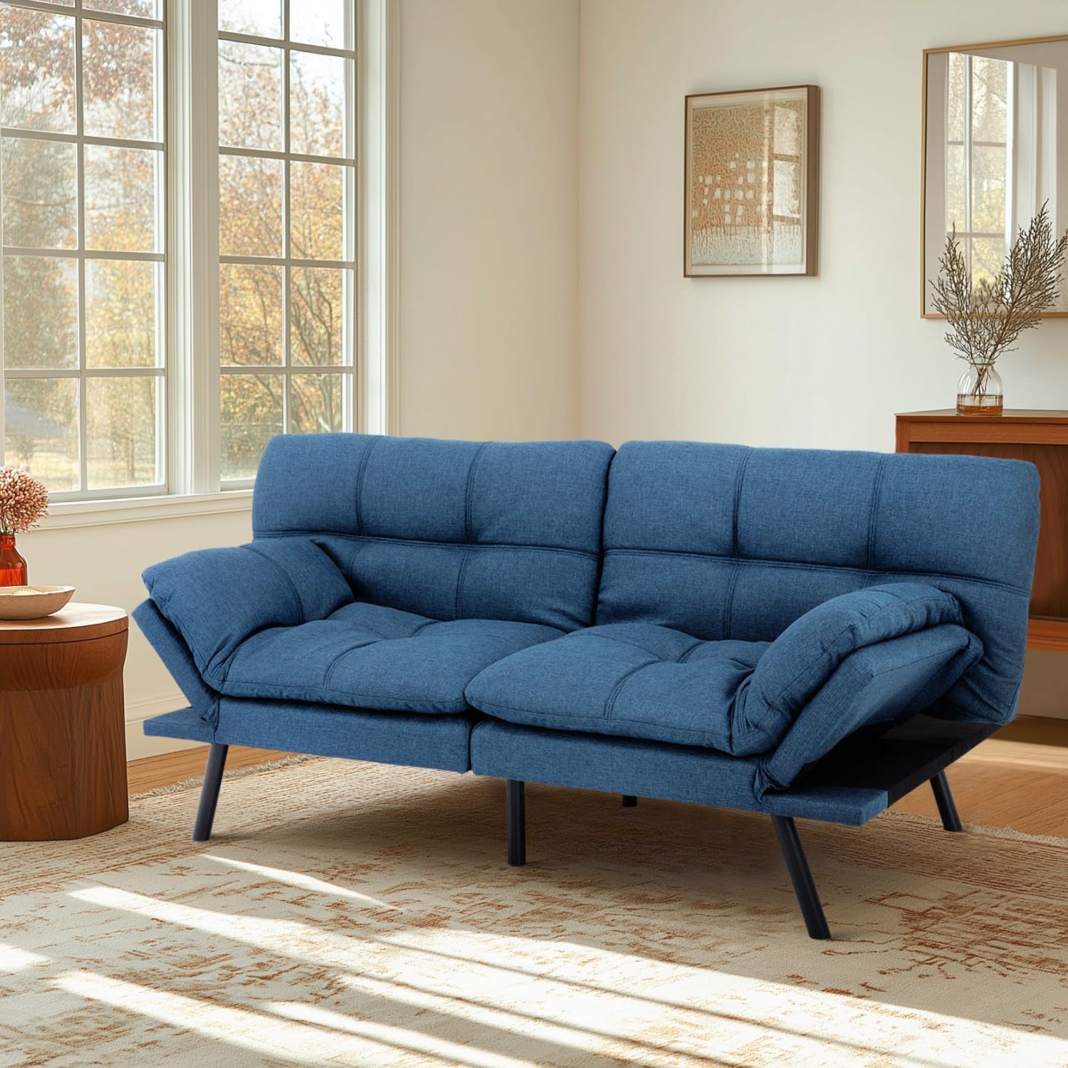 MUUEGM Futon Sofa Bed 71' Convertible Memory Foam Royal Blue Futon Couch Bed Modern Loveseat Sleeper with Adjustable Backrests Armrests for Living Room,Small Space,Office