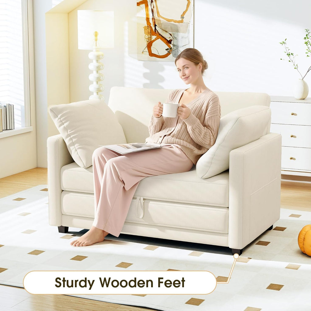 Myroyalsit 51' Convertible Sofa Bed, 2 in1 Folding Sofa Bed, Loveseat Sleeper Sofa for Small Spaces, Fold Out Floor Couch with 2 Pillows for Apartment, Living Room & Guest Room, Beige Chenille Fabric