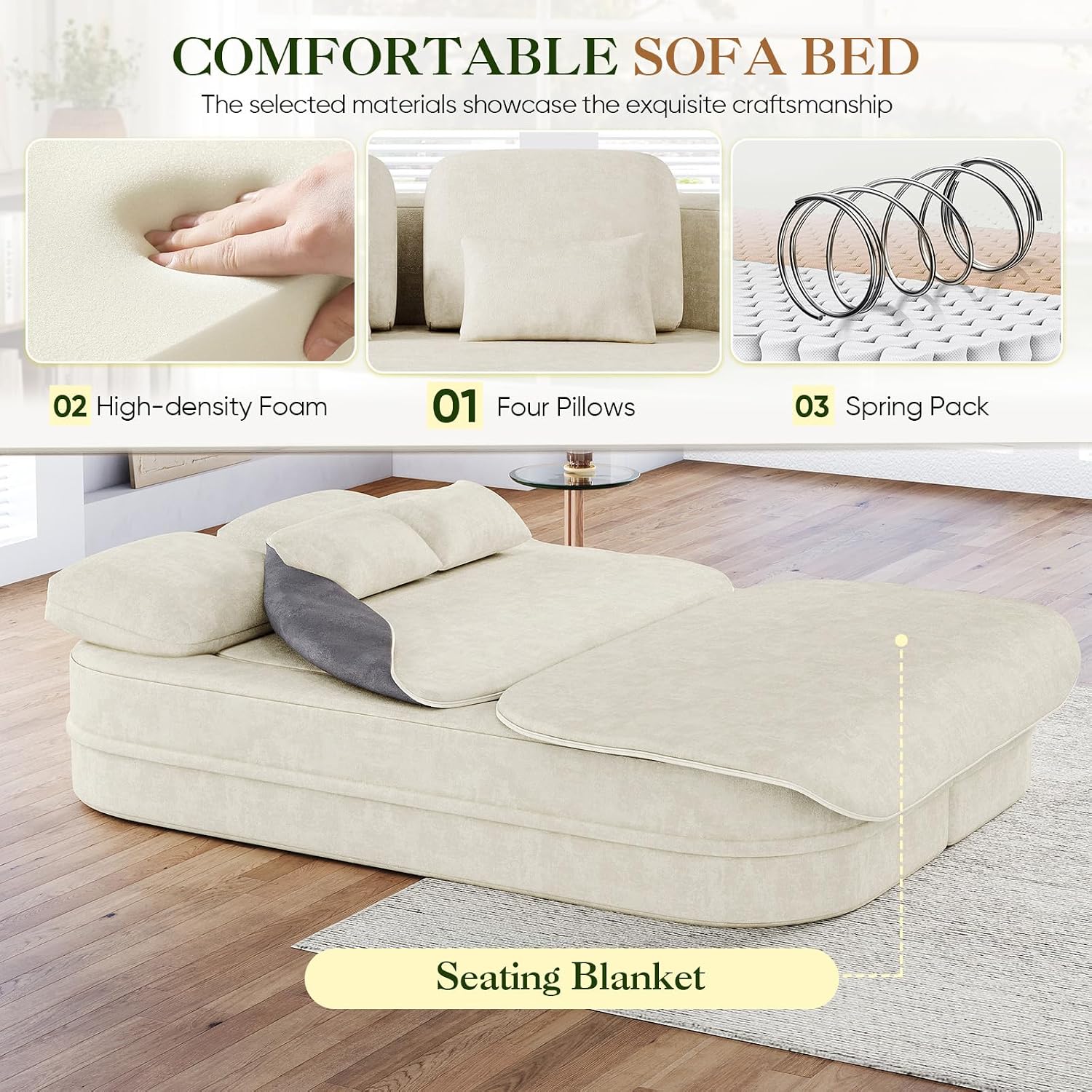 Antetek Convertible Sleeper Sofa, Modern Folding Futon Chenille Floor Foam Compression Loveseat Sofa Bed Couch, Foldable Full-Size Guest Bed with 4 Pillows for Living Room Bedroom Apartment, Beige