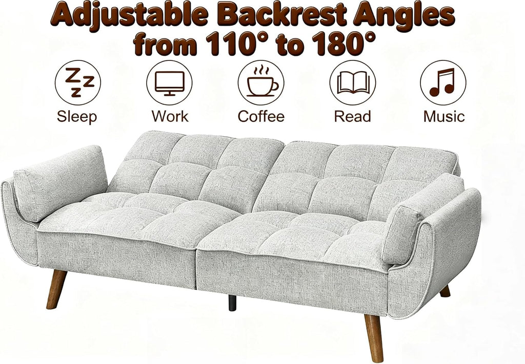 Convertible Futon Sofa Bed, Modern Futon Couch with 2 Pillows, Small Futons Couch with Adjustable Armrest & Backrest, Loveseat Sofa Bed for Living Room, Bedroom, Gray