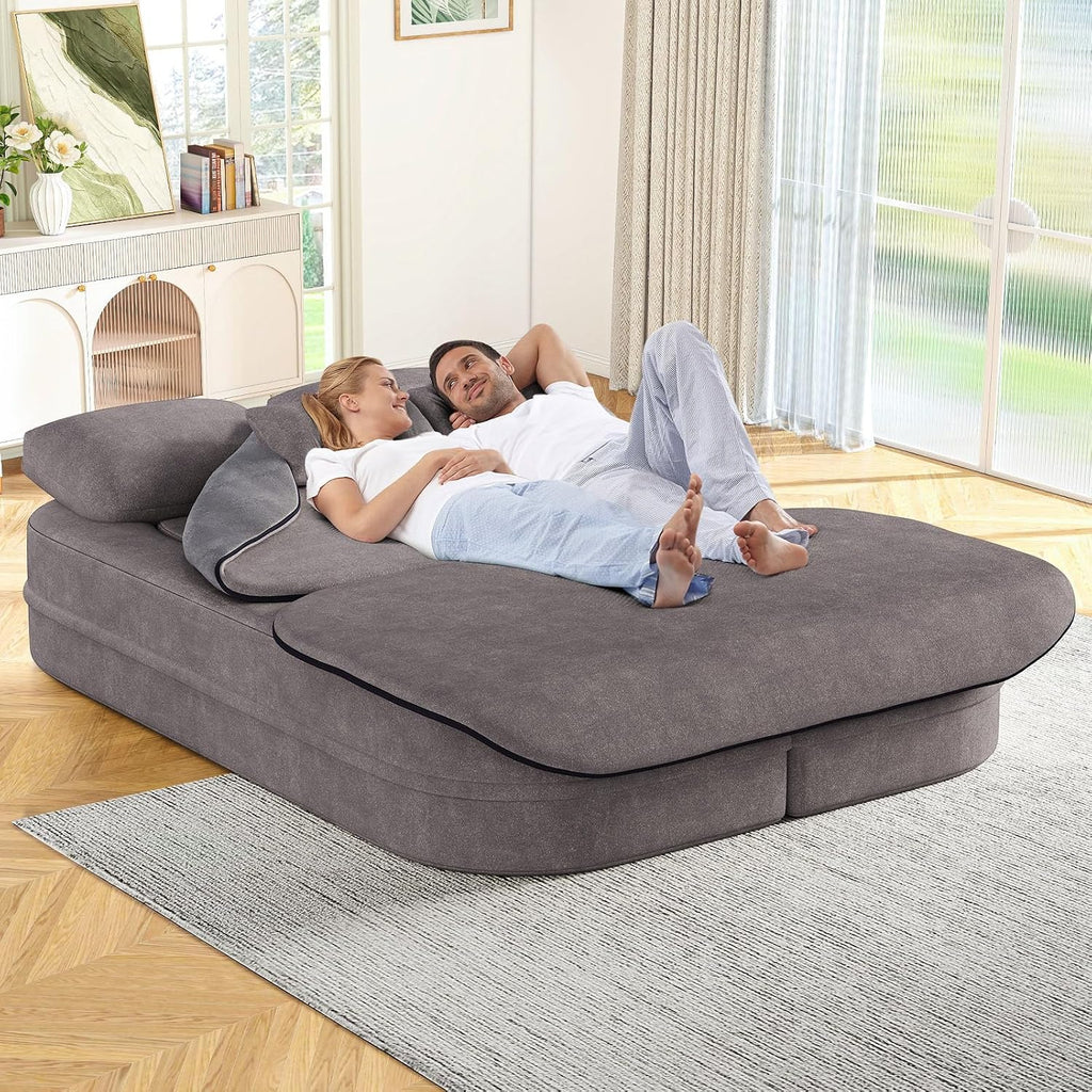 Antetek Convertible Sleeper Sofa, Modern Folding Futon Chenille Floor Foam Compression Loveseat Sofa Bed Couch, Foldable Full Size Guest Bed with 4 Pillows for Living Room Bedroom Apartment, Grey