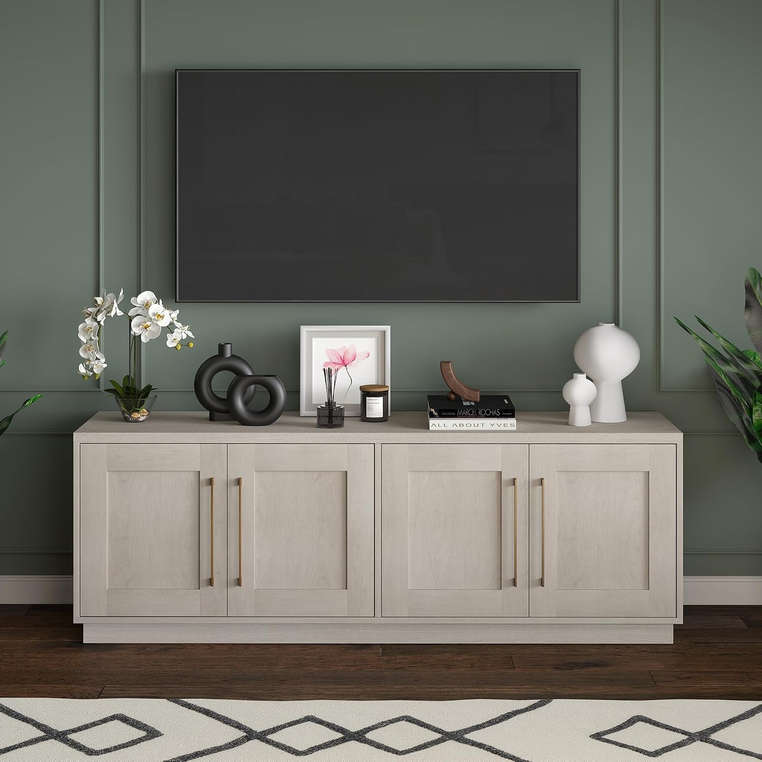 Henn&Hart TV Stand for TVs up to 75'' with 2 Concealed Storage Cabinets and Adjustable Shelves for Living Room, Family Room, or Office, Beech White