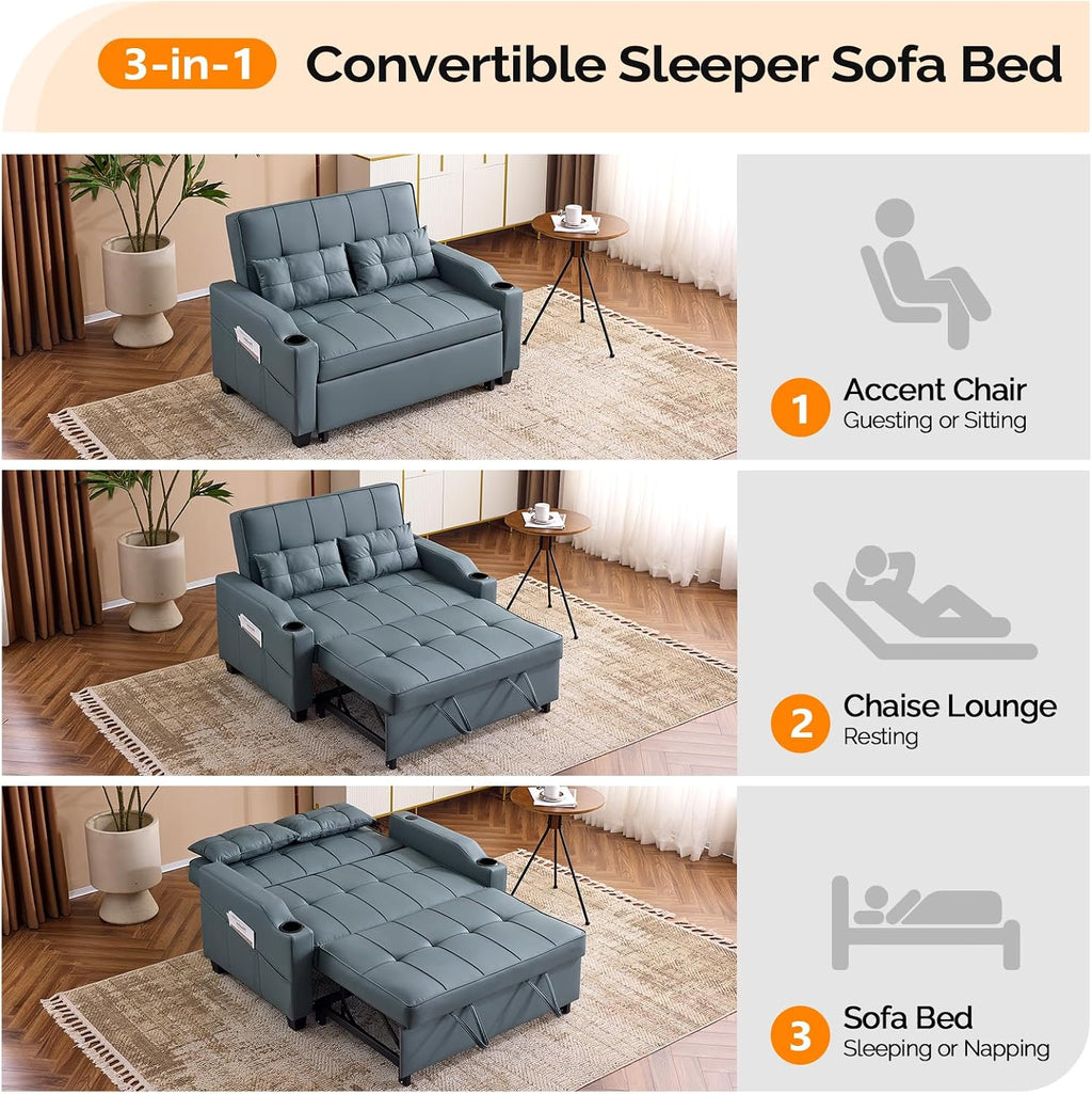 VINGLI Futon Sofa Bed Convertible Loveseat Sleeper Couch, Blue Grey Faux Leather Pull Out Couch Bed with USB Ports, Cup Holders, Armrest for Living Room, Bedroom Apartment Room