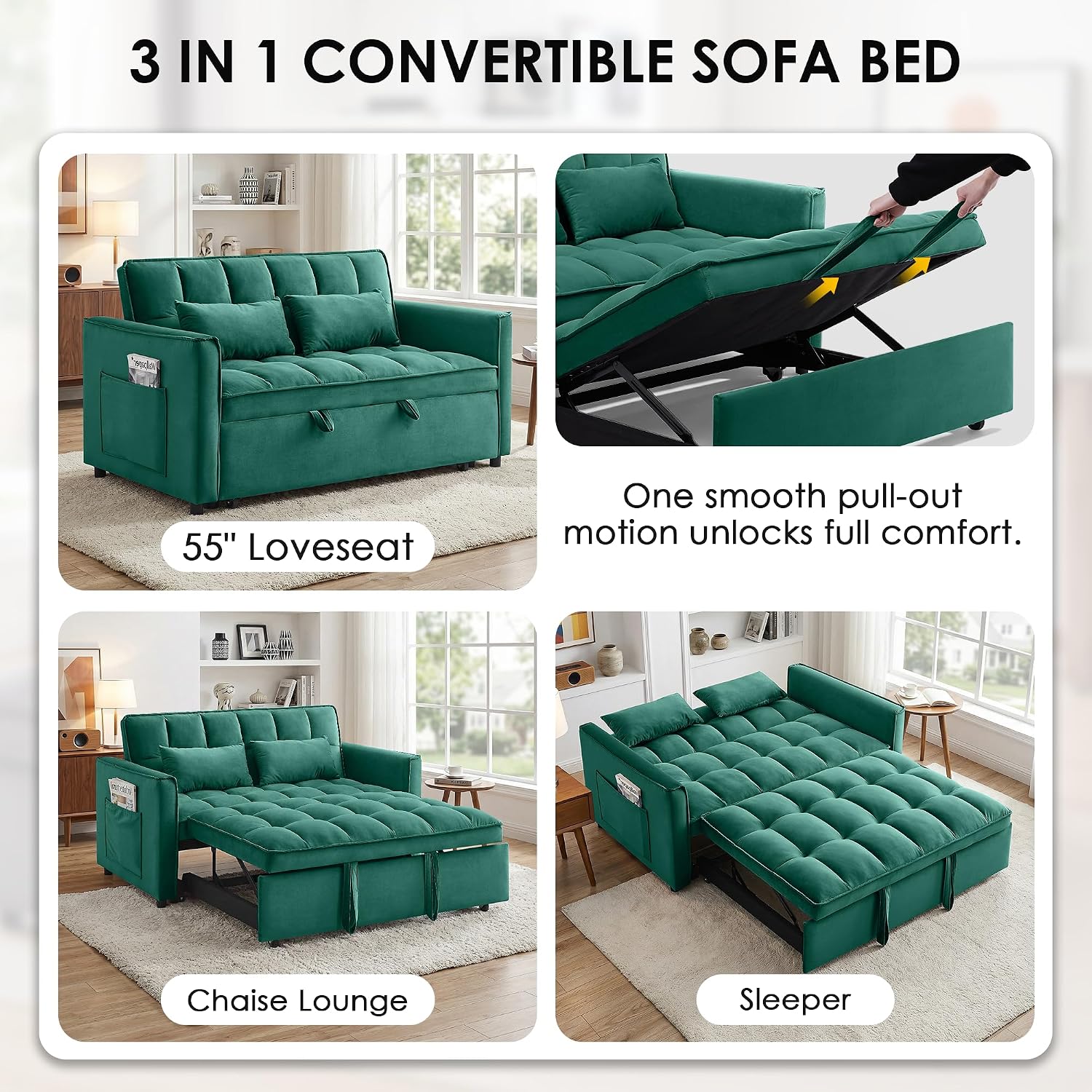 3 in 1 Convertible Sleeper Sofa Bed, 55' Pull Out Couches, Modern Loveseat Sleeper Sofa with Adjustable Reclining Backrest & Side Pockets for Living Room, Velvet Fabric, Green