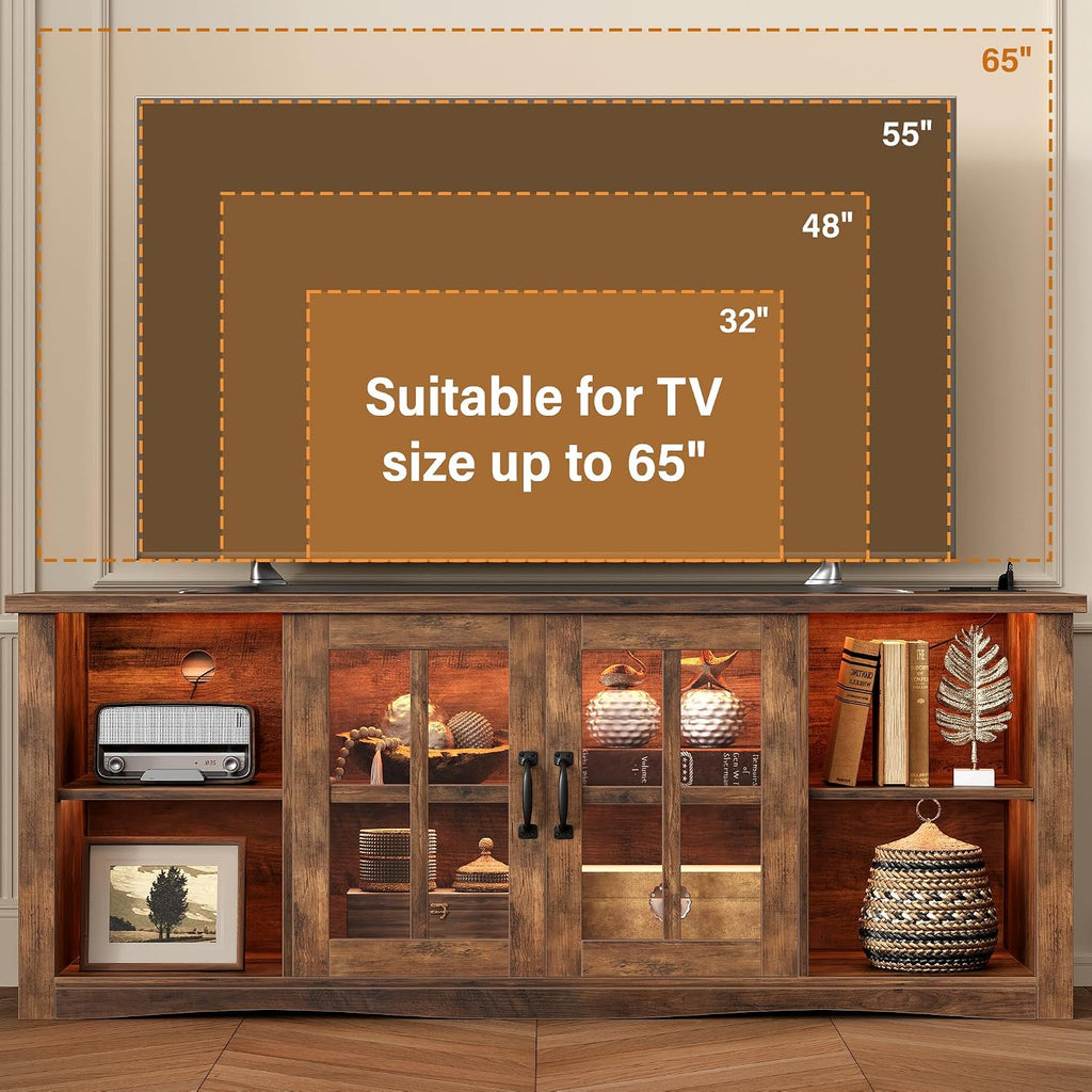 YESHOMY Farmhouse LED TV Stand with Power Outlet, for Televisions up to 65 Inches, Wood Entertainment Center with Glass Door Storage Cabinet, TV Console for Living Room, Brown
